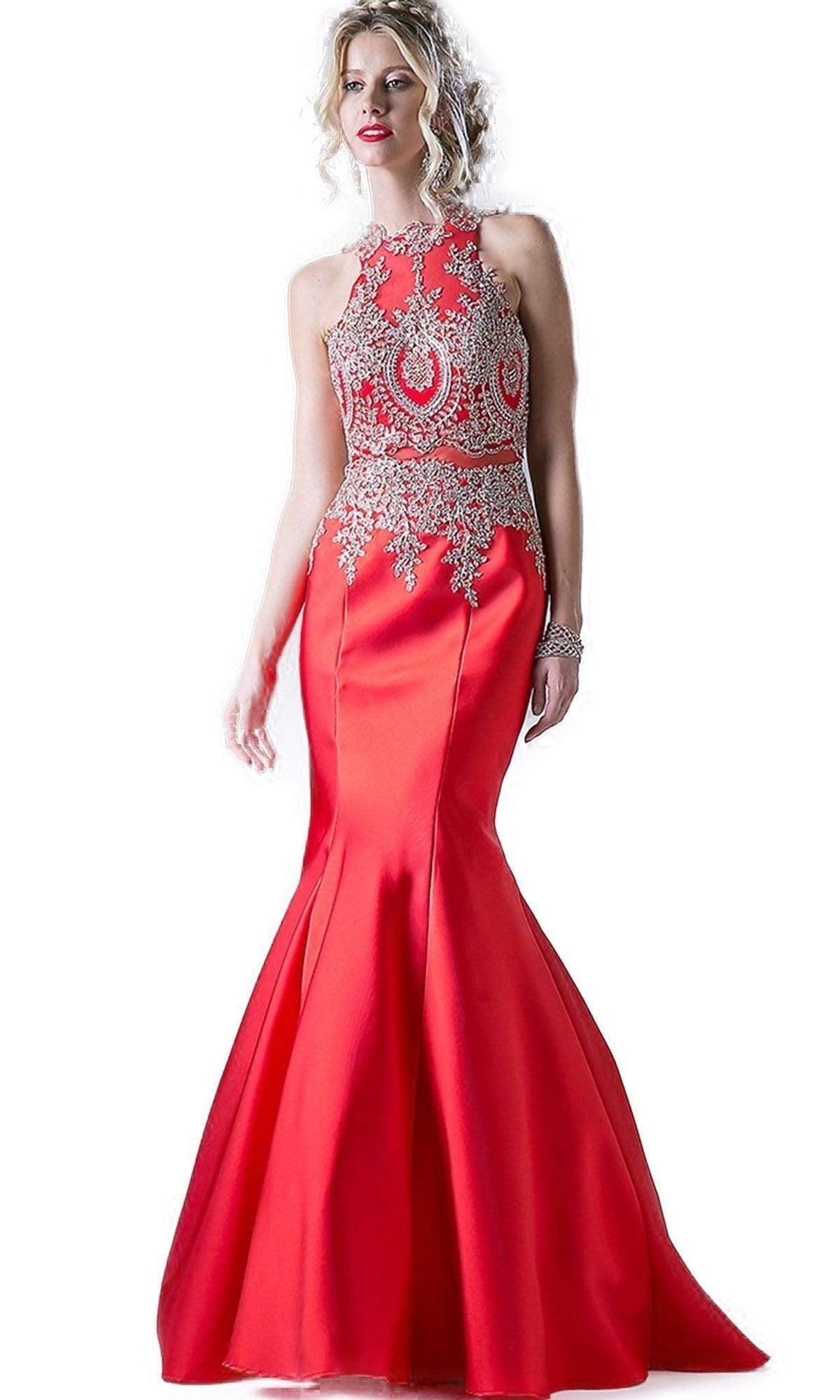 Cinderella Divine - Metallic Lace Adorned High Neck Mermaid Evening Gown - view 8