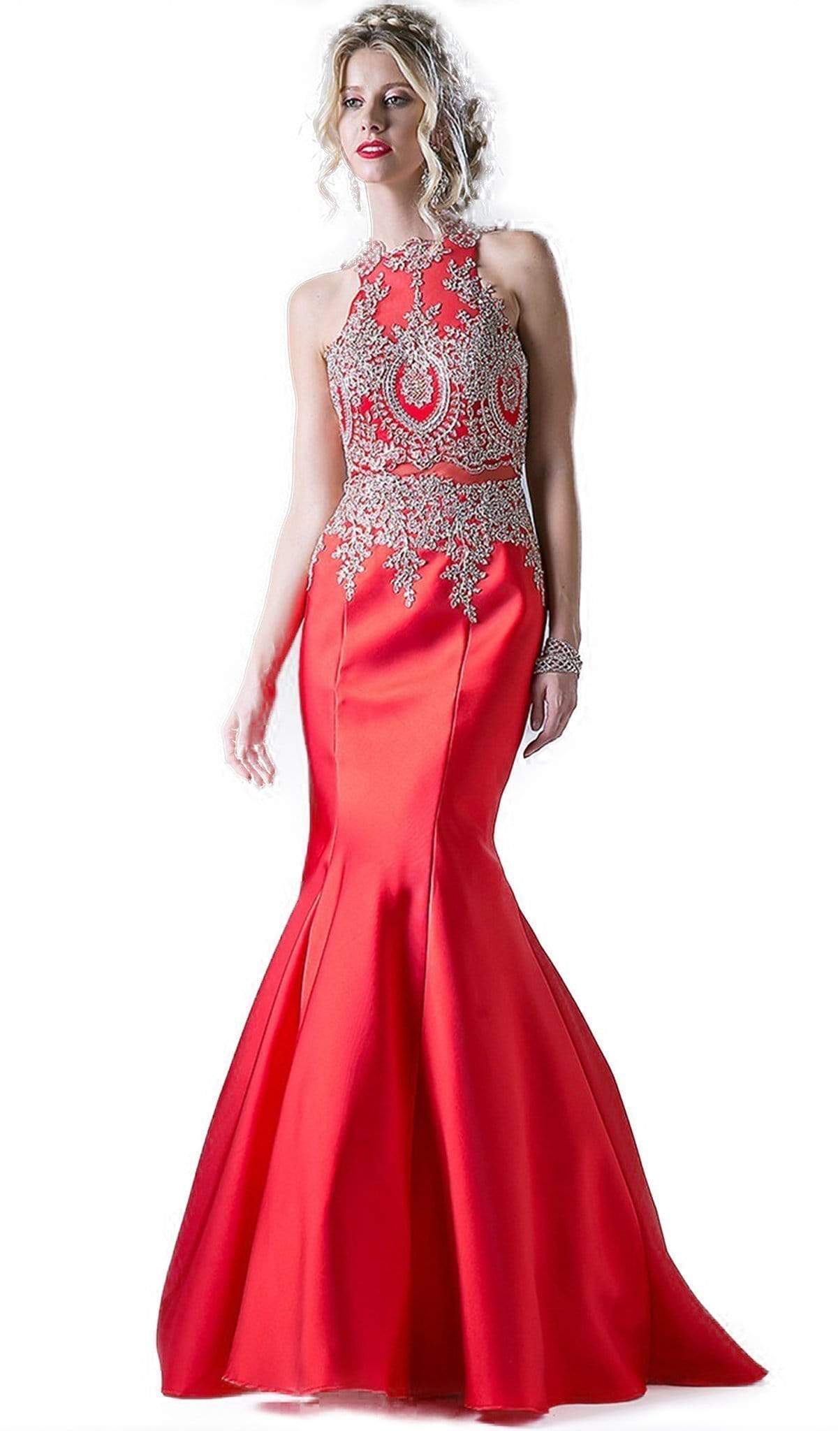 Cinderella Divine - Metallic Lace Adorned High Neck Mermaid Evening Gown - view 8