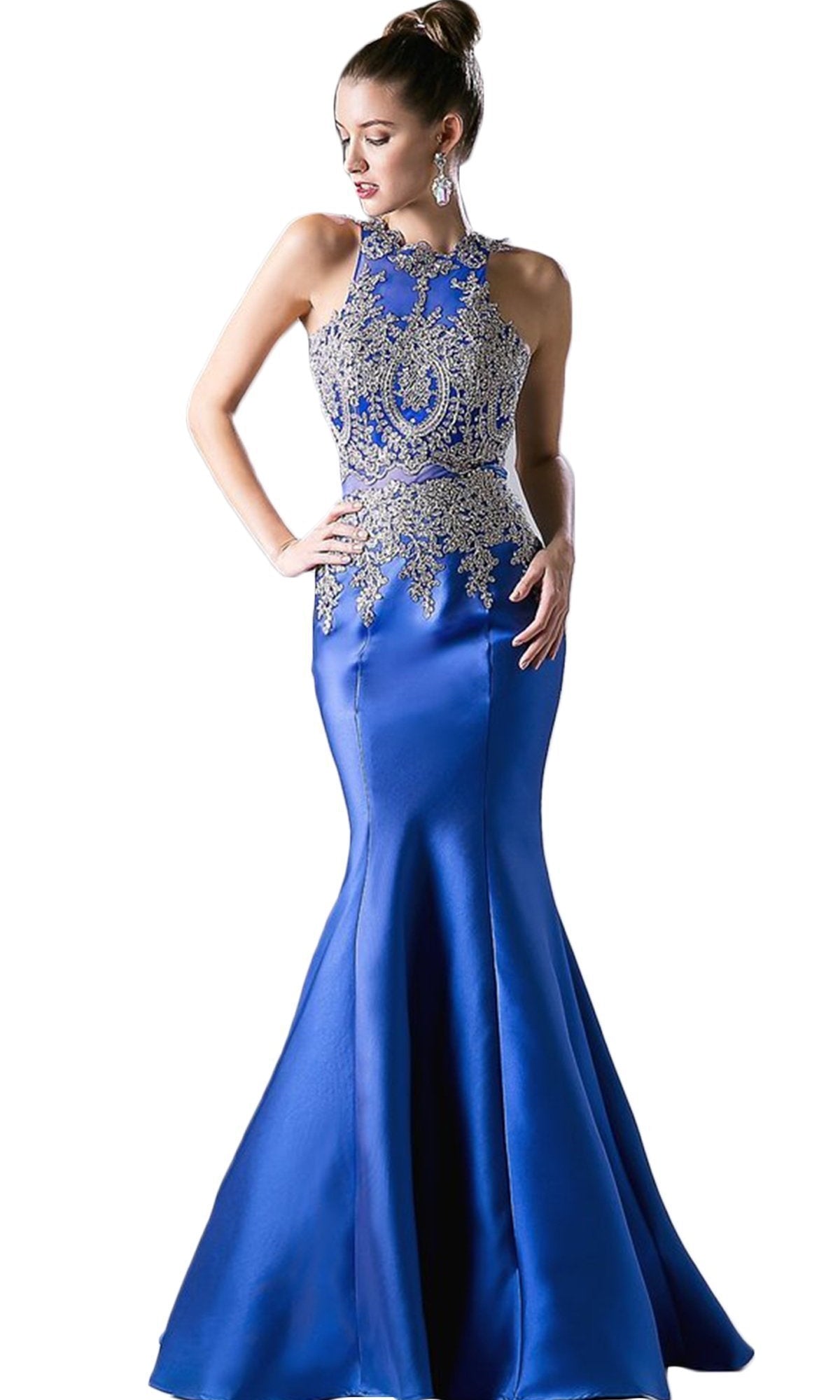 Cinderella Divine - Metallic Lace Adorned High Neck Mermaid Evening Gown - back view