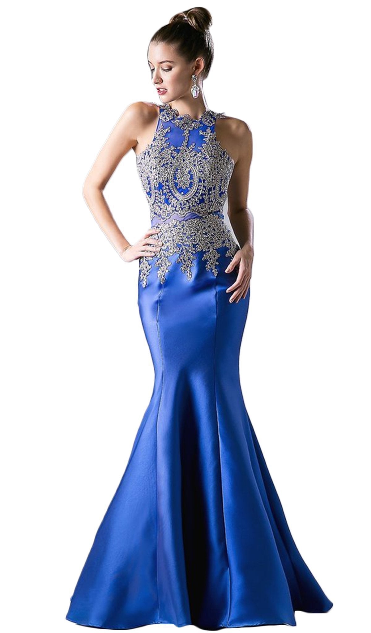 Cinderella Divine - Metallic Lace Adorned High Neck Mermaid Evening Gown - back view