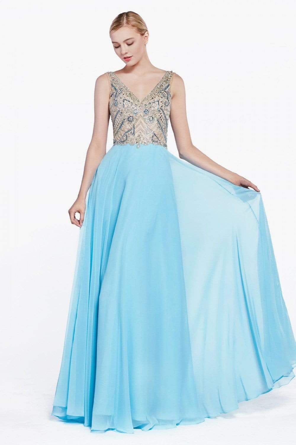 Cinderella Divine - Sheer Long Bell Sleeves Beaded Chiffon Evening Gown - Silhouette Dresses