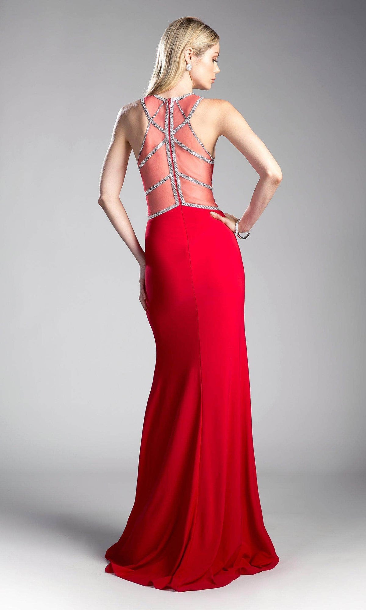 Cinderella Divine - Sleeveless Embellished Sheer Halter Fitted Dress - view 4