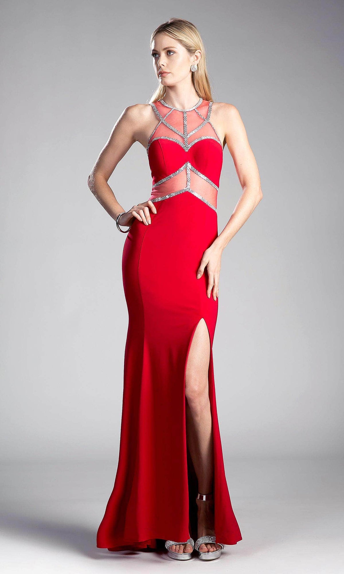 Cinderella Divine - Sleeveless Embellished Sheer Halter Fitted Dress - detail view