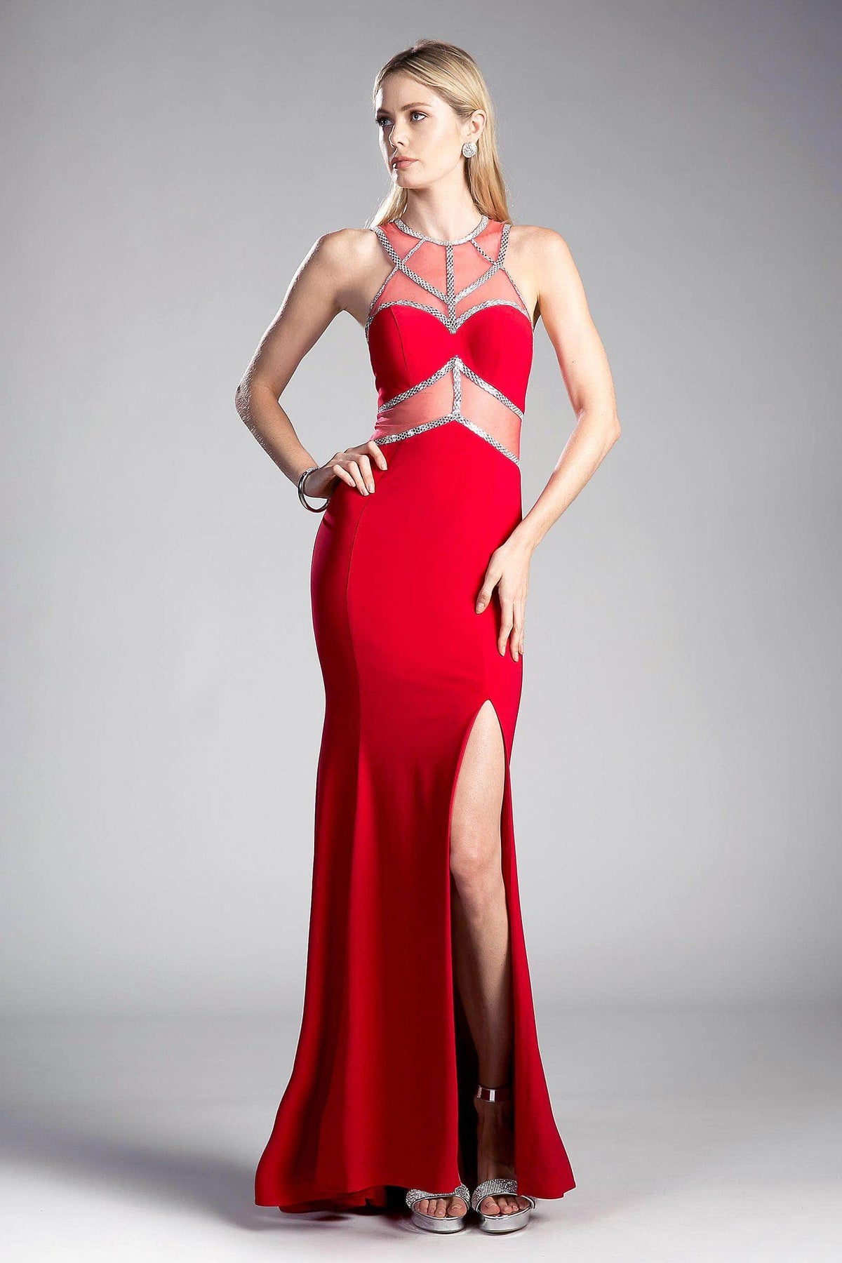 Cinderella Divine - Sleeveless Embellished Sheer Halter Fitted Dress - detail view