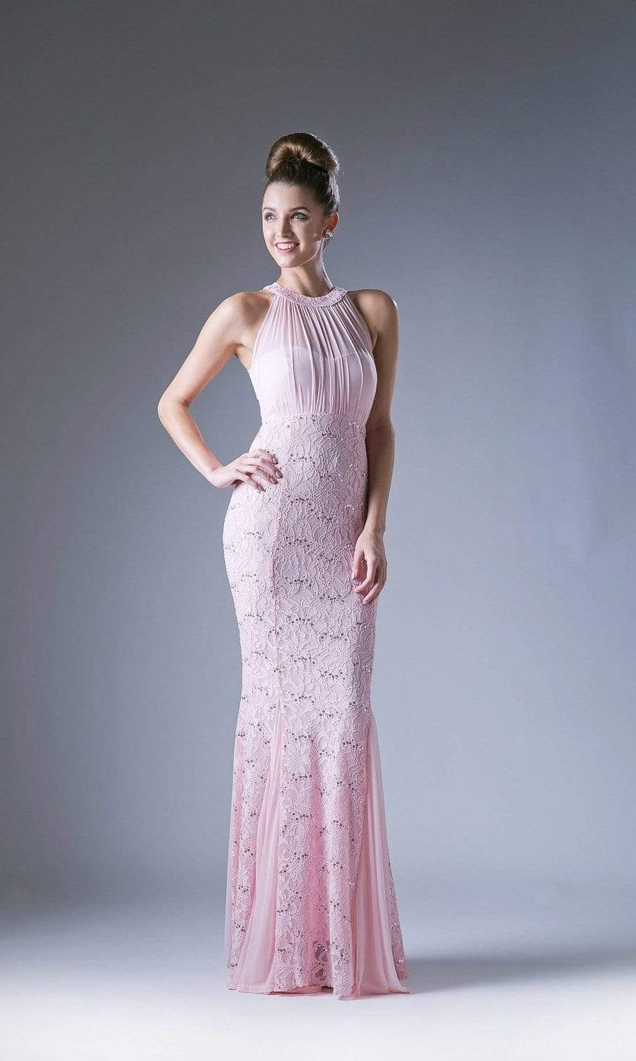 Cinderella Divine - Sleeveless Lace Illusion Halter Sheath Dress - detail view
