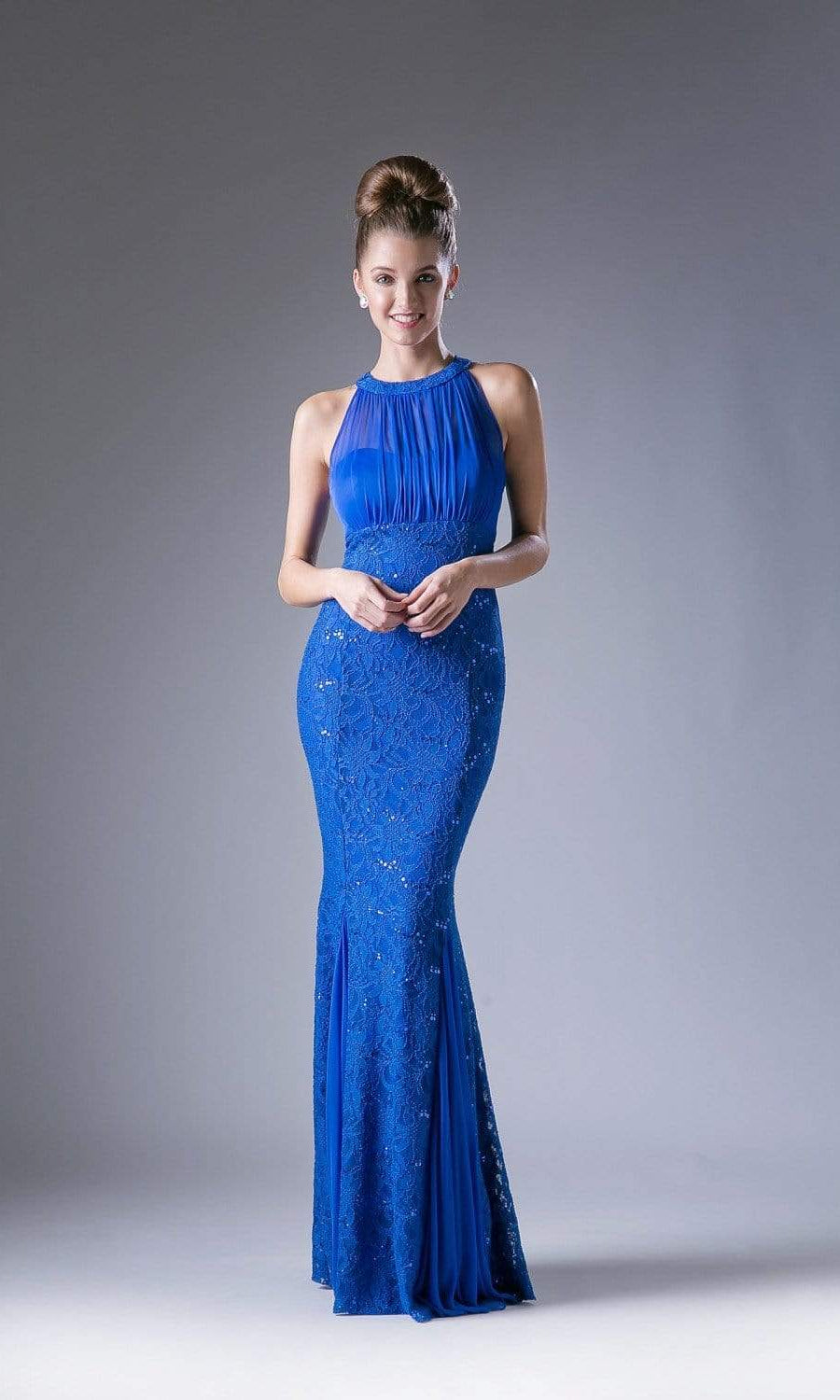 Cinderella Divine - Sleeveless Lace Illusion Halter Sheath Dress - view 8
