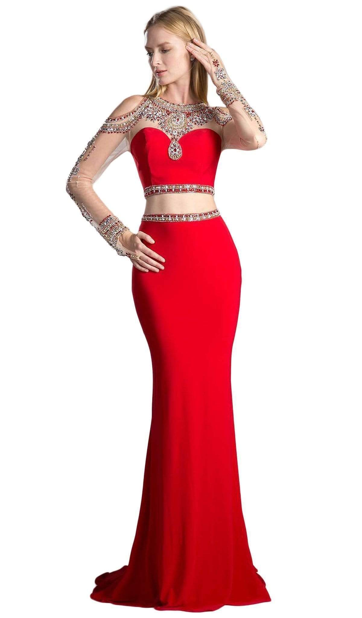 Cinderella Divine - Two Piece Rhinestone Embellished Long Sleeves Gown - view 5