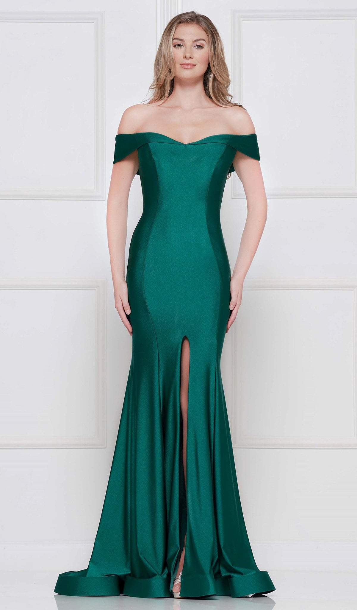 Colors Dress - 2107 Off Shoulder Front Slit Satin Mermaid Gown