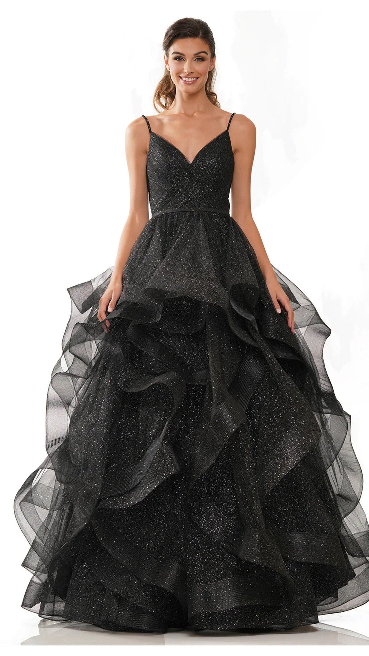 Colors Dress - 2381 V Neck Glitter Mesh Ballgown