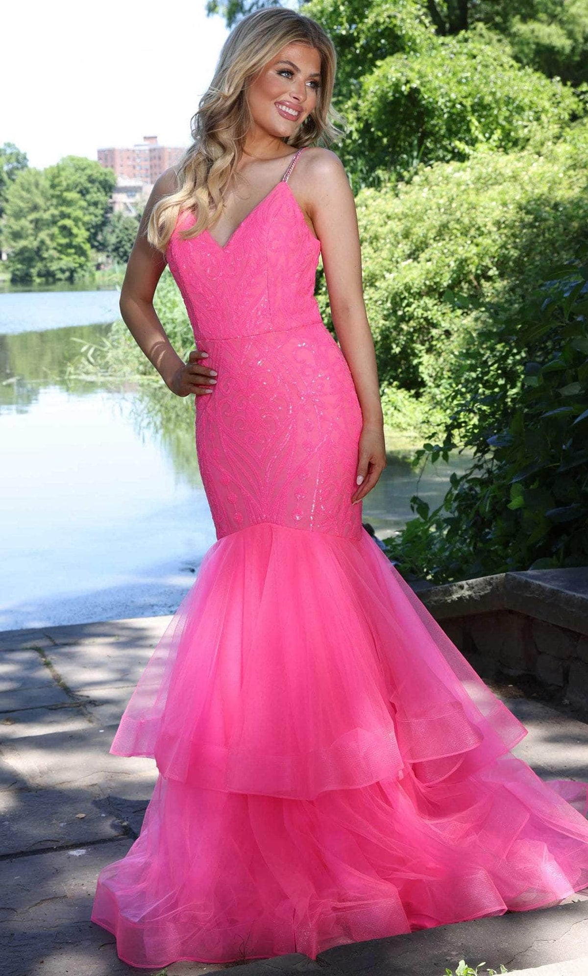 Colors Dress 2978 - Sequined V-Neck Tiered Prom Gown