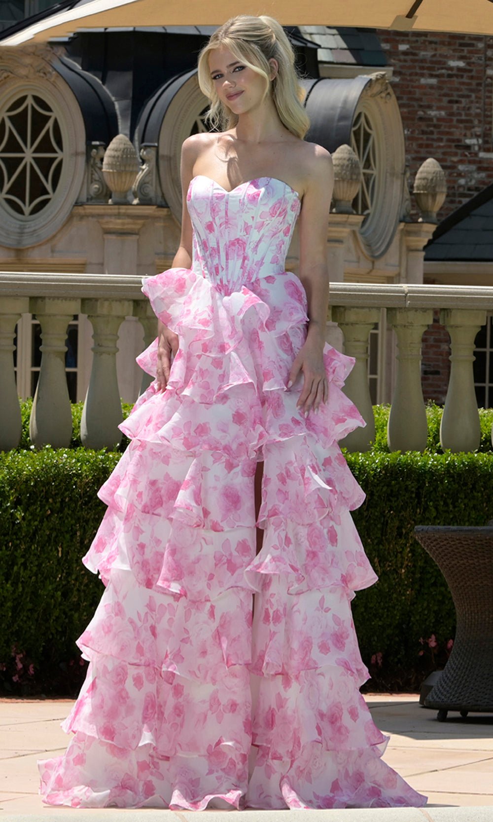 Colors Dress 3836 - Strapless Tiered Floral Gown - Silhouette Dresses