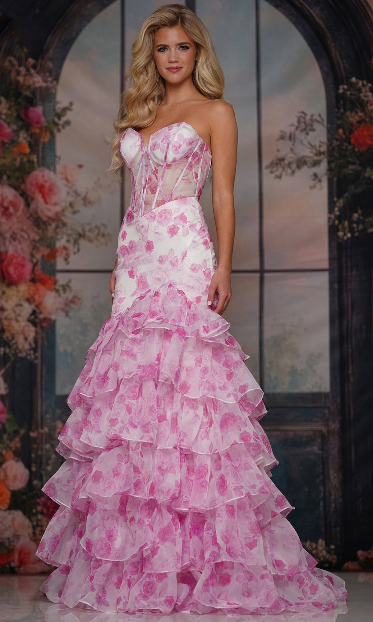 Colors Dress 3928 - Trumpet Skirt Floral Print Evening Dress