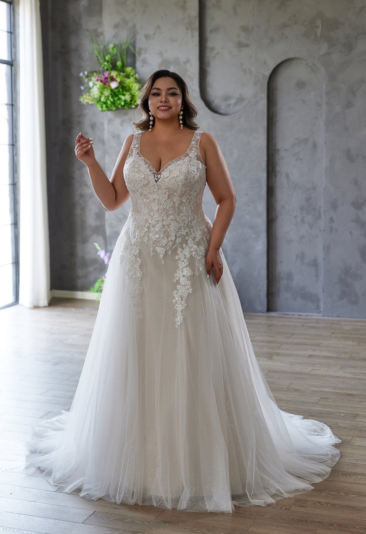 Farrah Couture HW3677 V-Neck Lace A-Line Wedding Dress - Silhouette Dresses