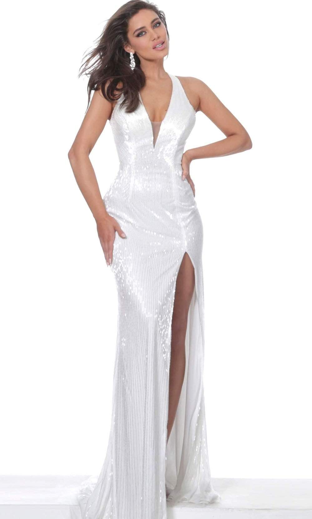 Jovani - 00694 Plunging Neck High Slit Fully Beaded Evening Gown - view 5