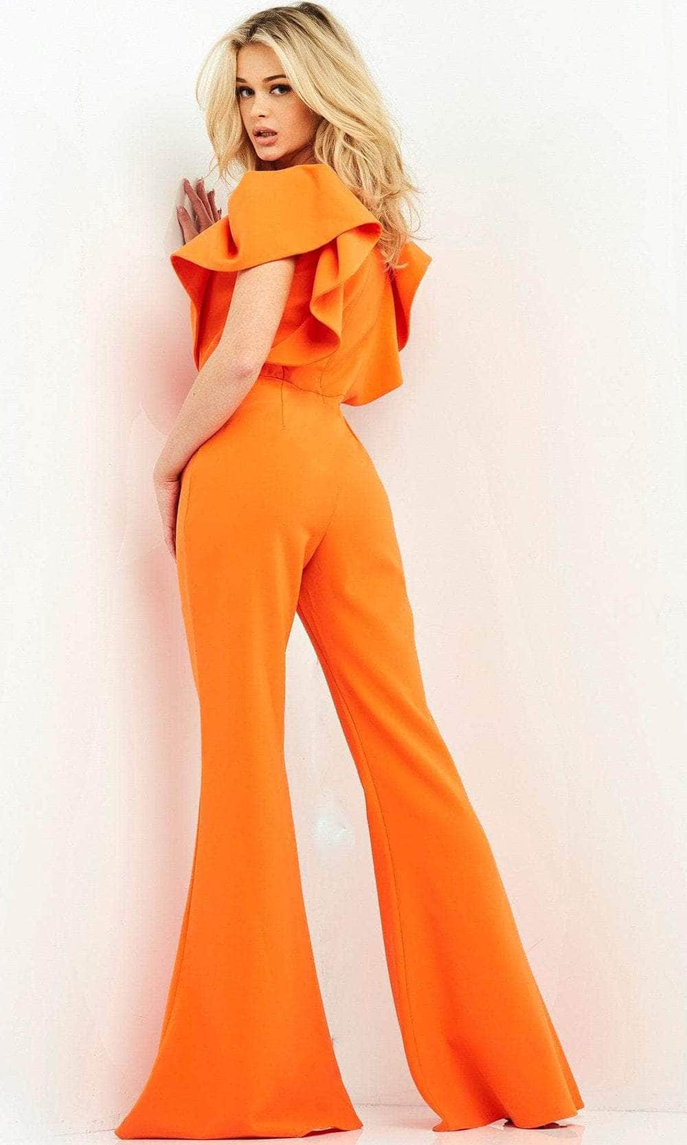 Jovani - 00762 Ruffle Angel Sleeved Split Neckline Jumpsuit - view 6