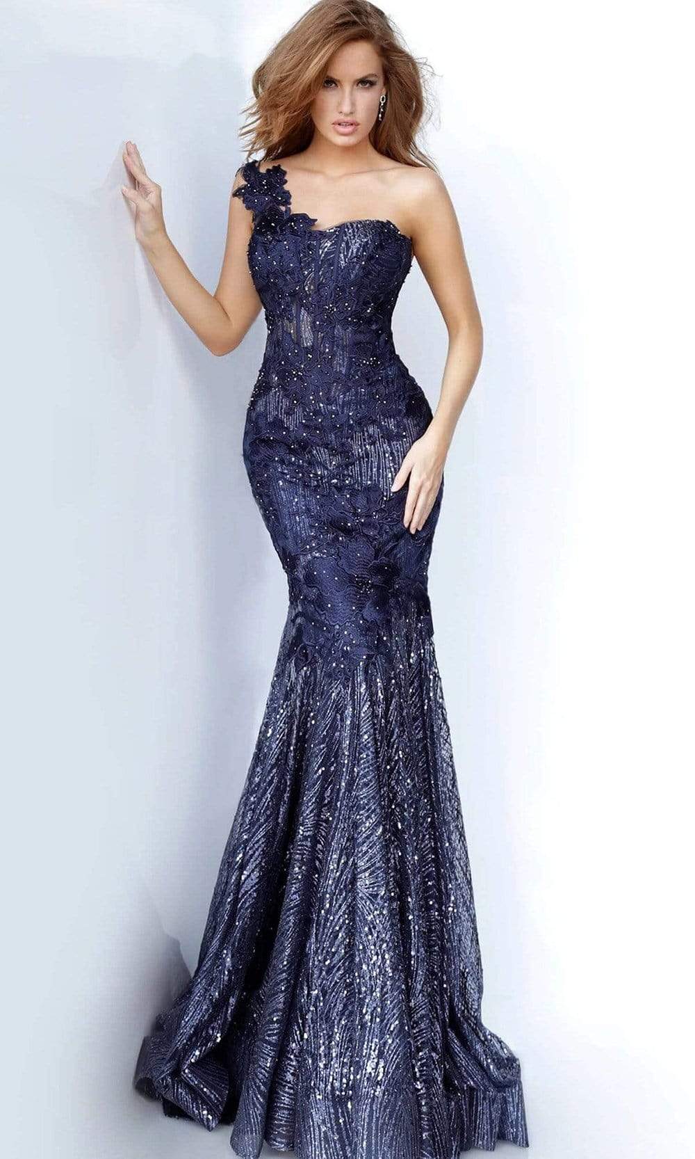 Jovani - 02445 Sweetheart Lace Applique Trumpet Dress - view 5