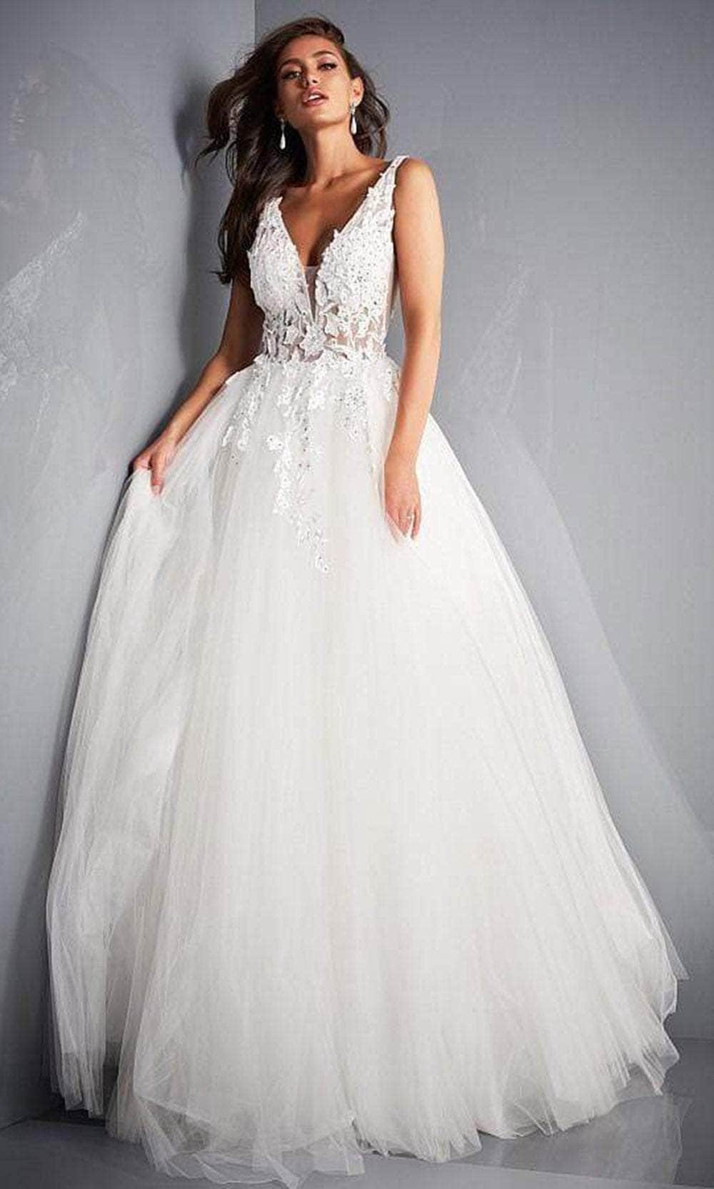 Jovani - 02840 Plunging Neck Floral Applique Tulle Ballgown - detail view