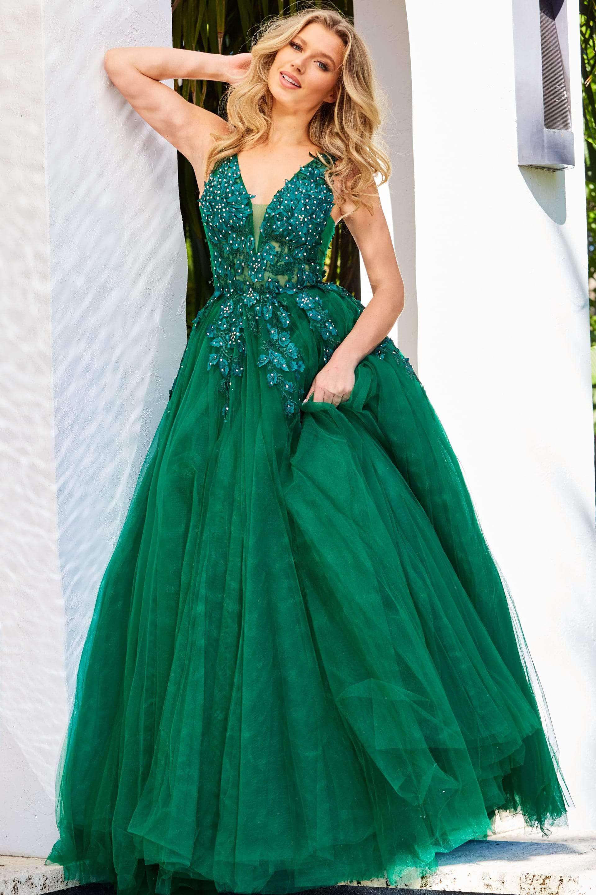 Jovani - 02840 Plunging Neck Floral Applique Tulle Ballgown - view 9