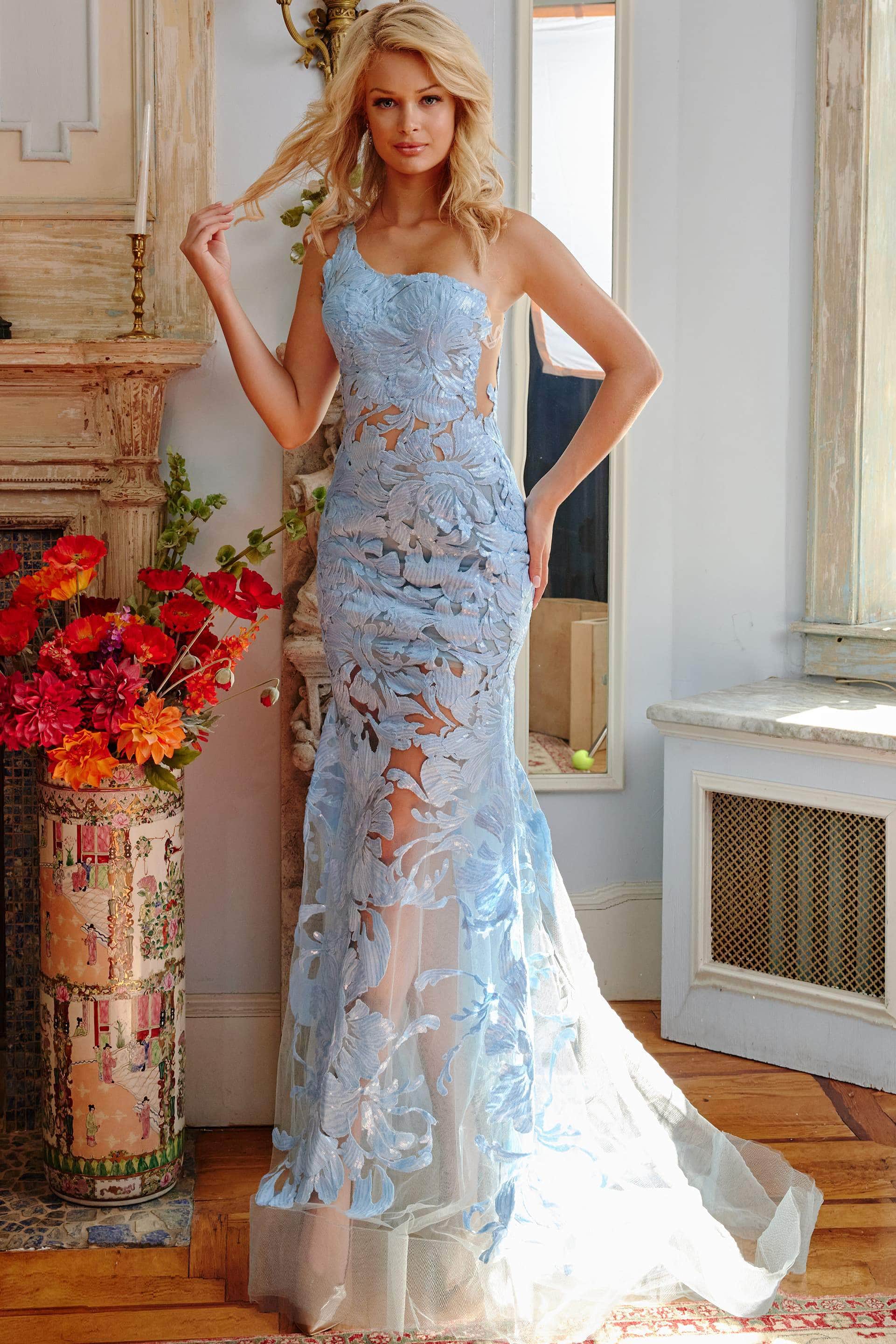 Jovani - 02895 One Shoulder Illusion Simple Prom Mermaid Gown - view 6