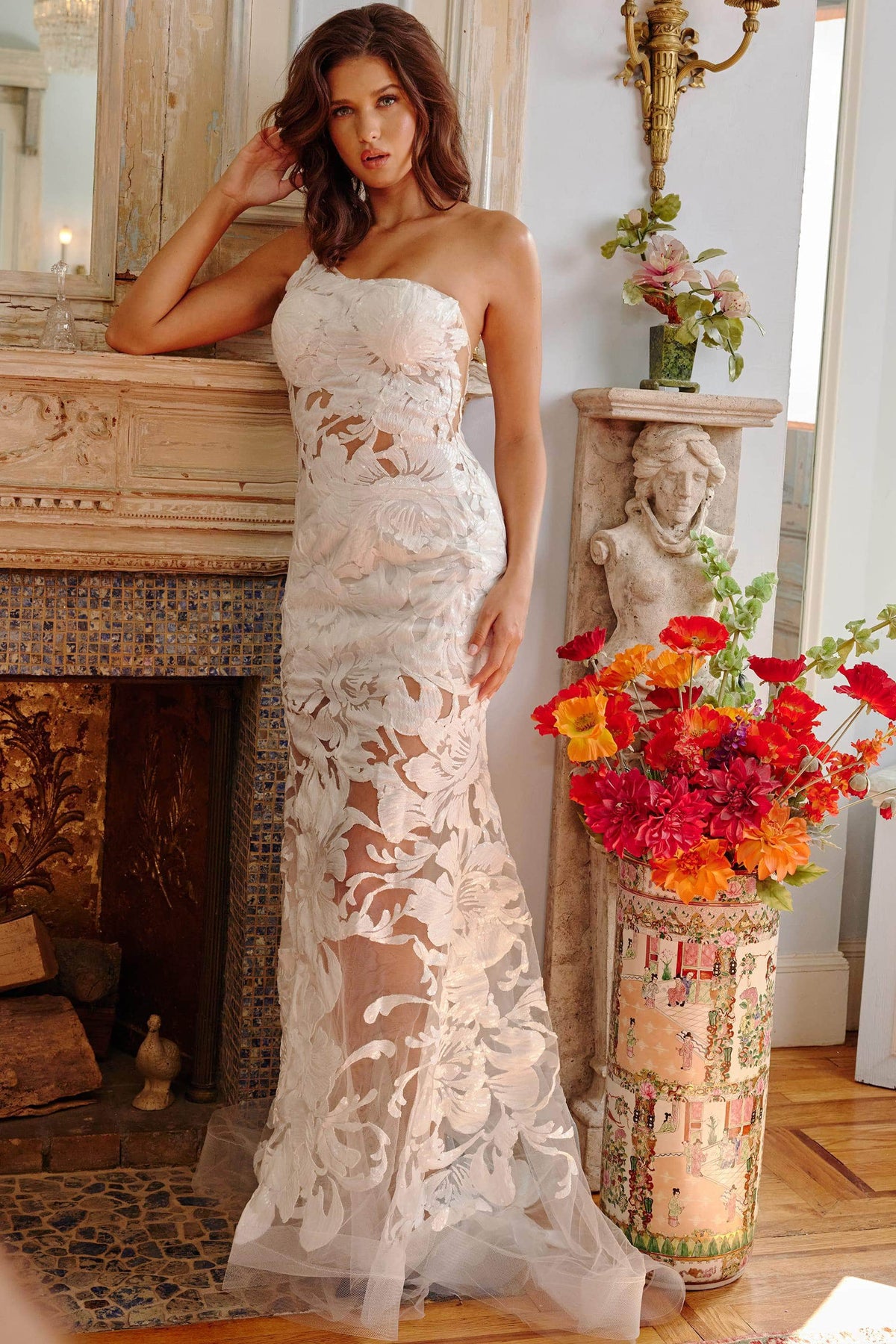 Jovani - 02895 One Shoulder Illusion Simple Prom Mermaid Gown - detail view