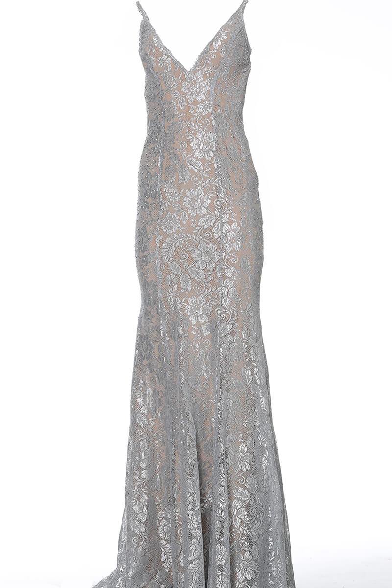 Jovani - 02906 Backless Metallic Lace Mermaid Gown - view 7