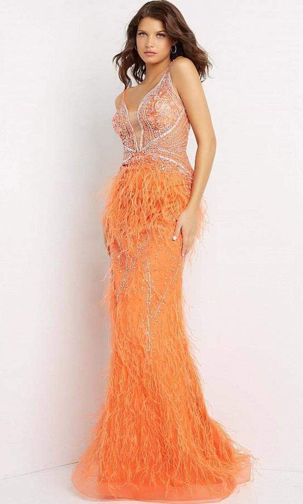 Jovani - 03023 Sheer Bodice Beaded Adorned Feather Fitted Evening Gown - view 8