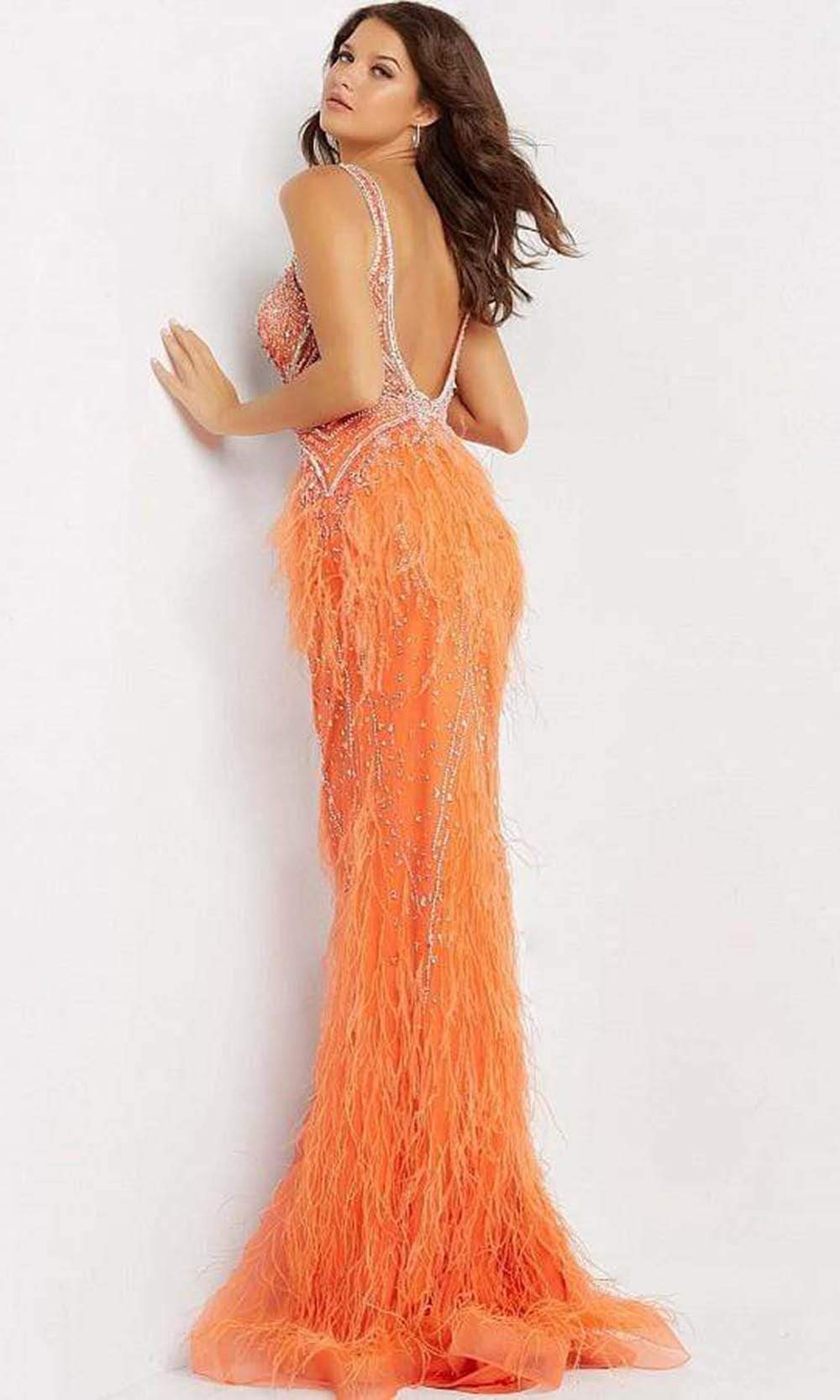 Jovani - 03023 Sheer Bodice Beaded Adorned Feather Fitted Evening Gown - view 9