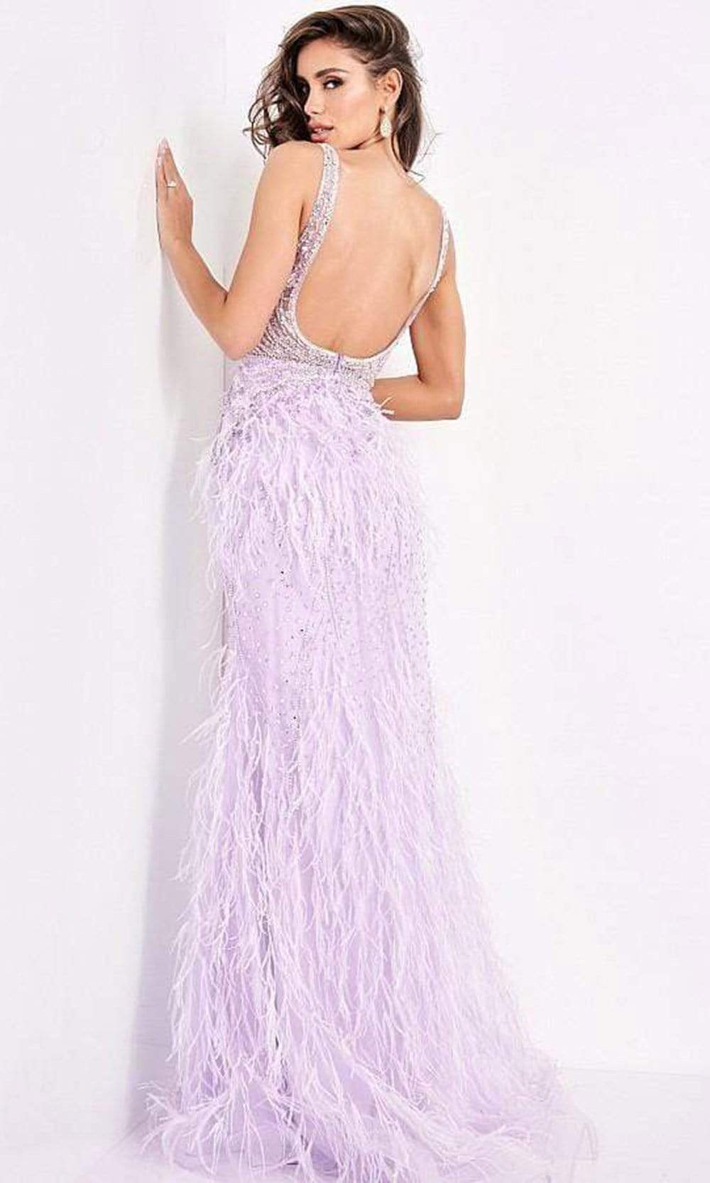 Jovani - 03023 Sheer Bodice Beaded Adorned Feather Fitted Evening Gown - view 7