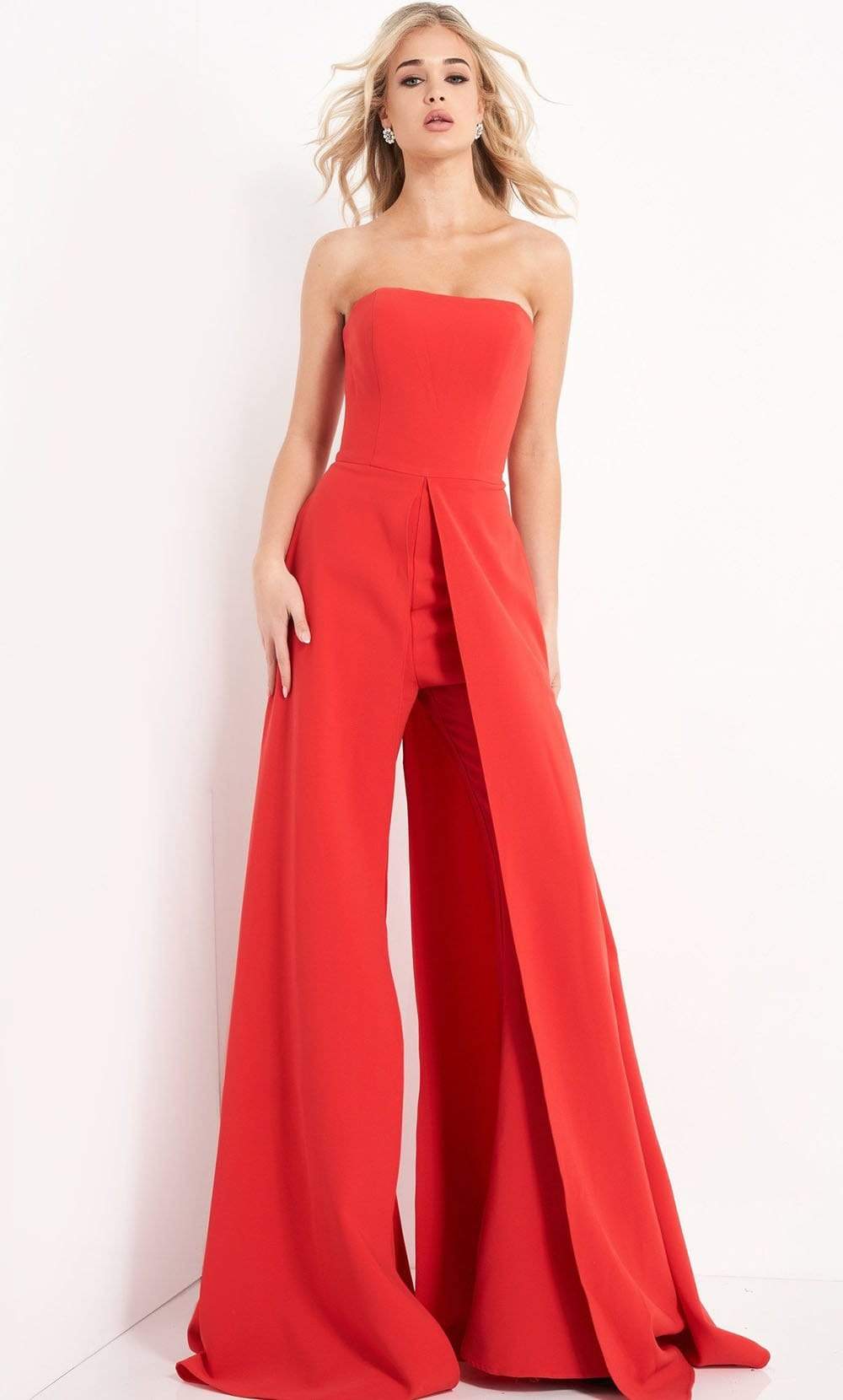 Jovani - 03529 Strapless Wide Leg Formal Evening Jumpsuit With Overlay - detail view
