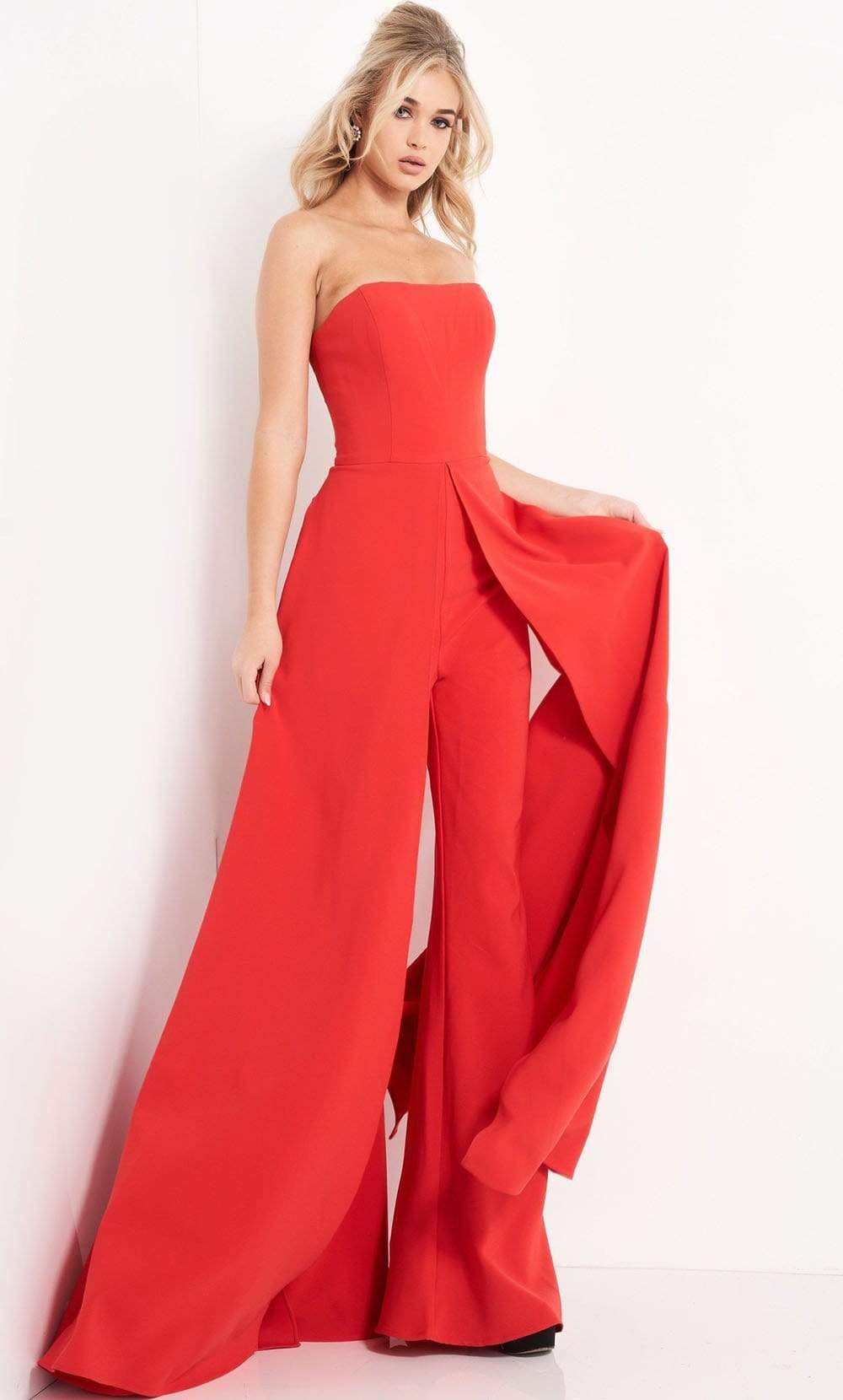 Jovani - 03529 Strapless Wide Leg Formal Evening Jumpsuit With Overlay - view 4
