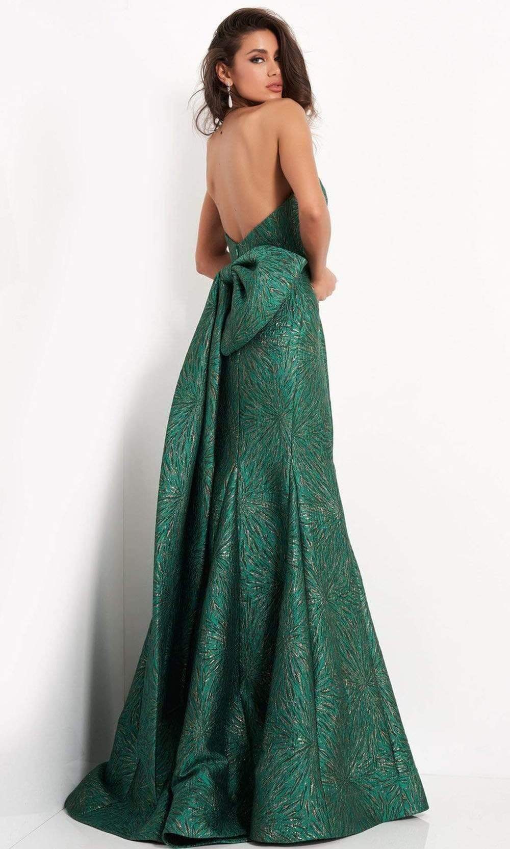 Jovani - 04158 Strapless Bow Accent Open Back Jacquard Evening Dress - back view
