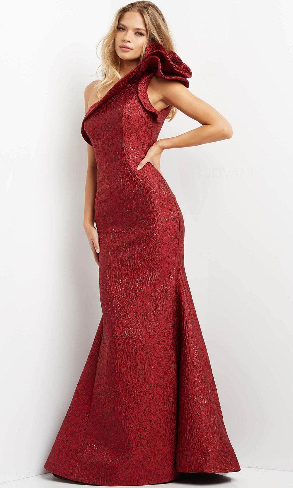 Jovani 05176 - Floral Ruffle Jacquard Evening Dress - detail view