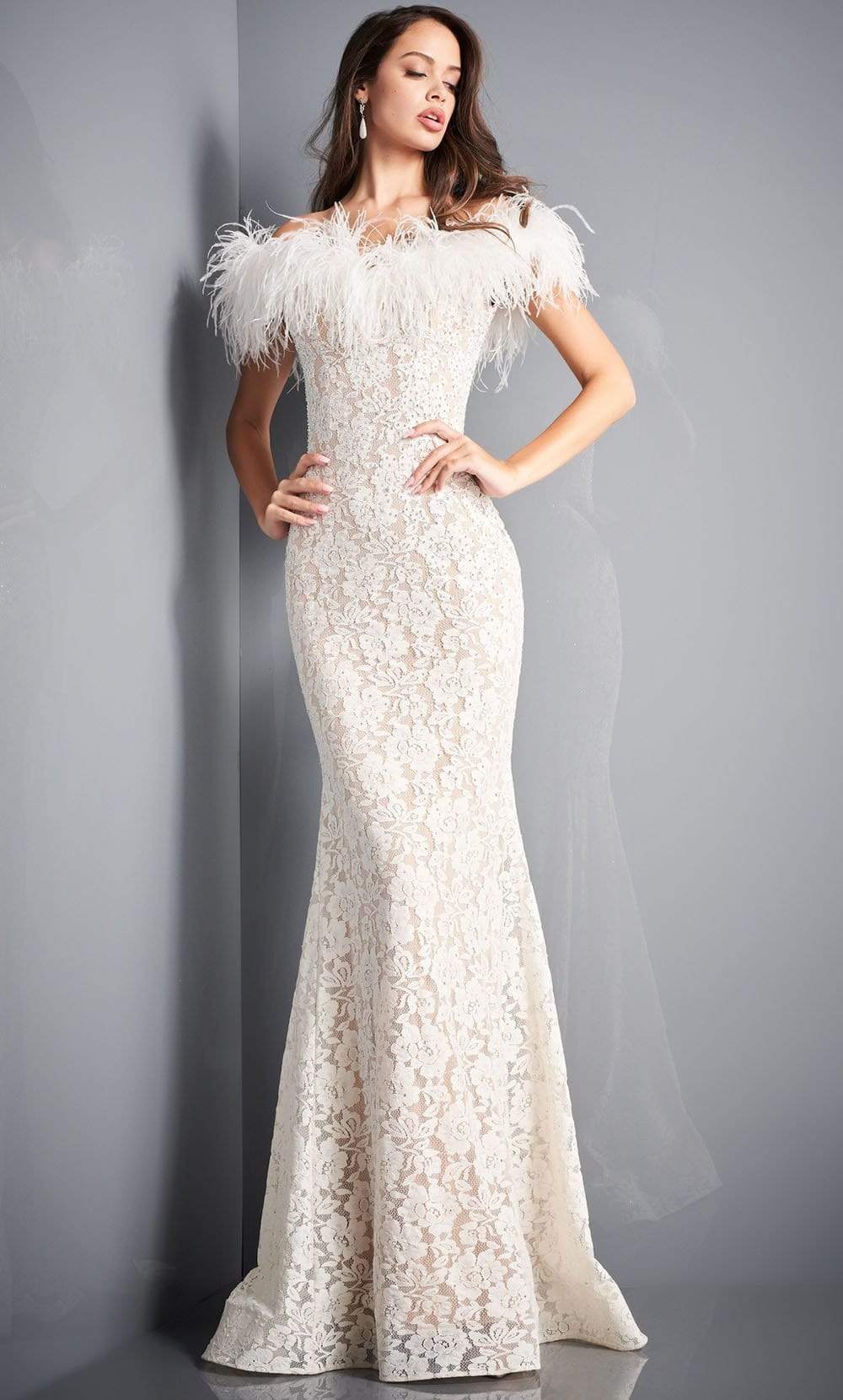 Jovani - 06451 Feather Off-Shoulder Allover Lace Mermaid Gown - designer prom dress at Silhouette Dresses