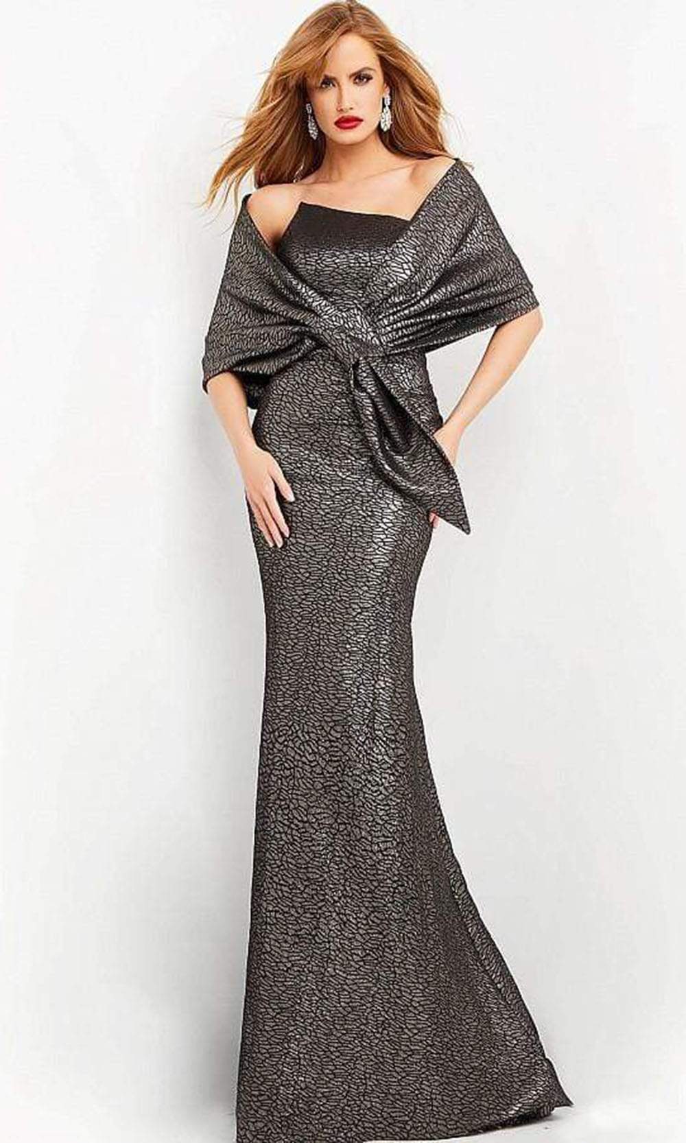 Jovani - 06867 Metallic Jacquard Asymmetric Neck Evening Gown - back view