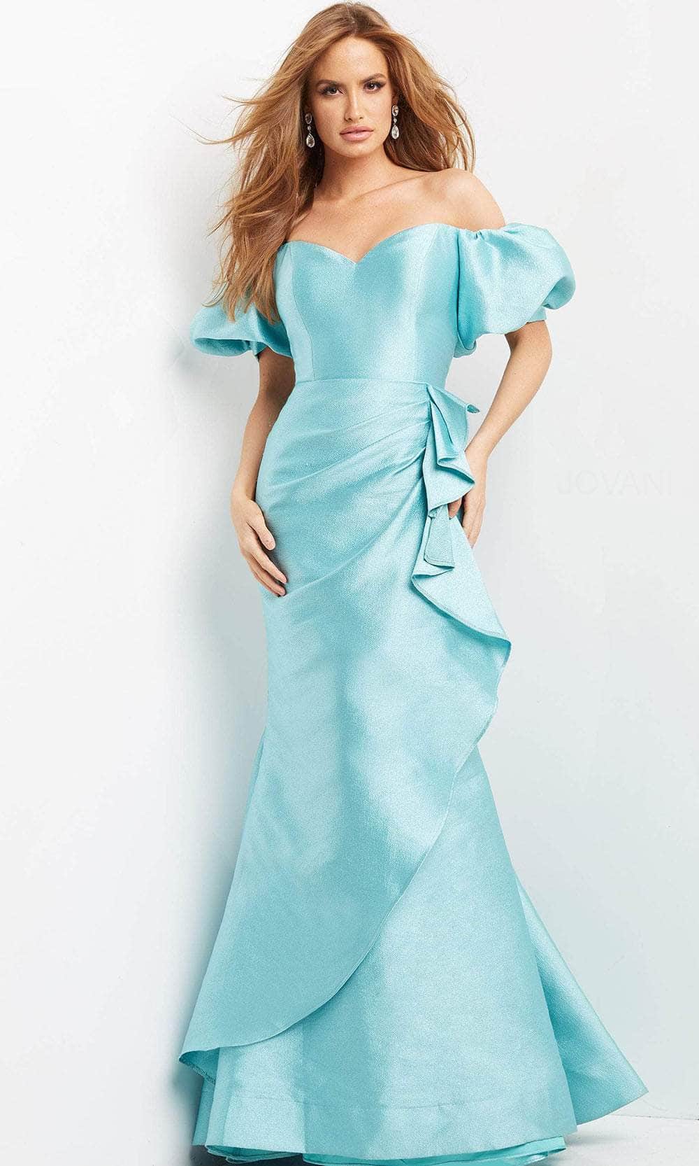 Jovani 07020 - Puffed Sleeve Ruffled Evening Dress - designer evening gown at Silhouette Dresses