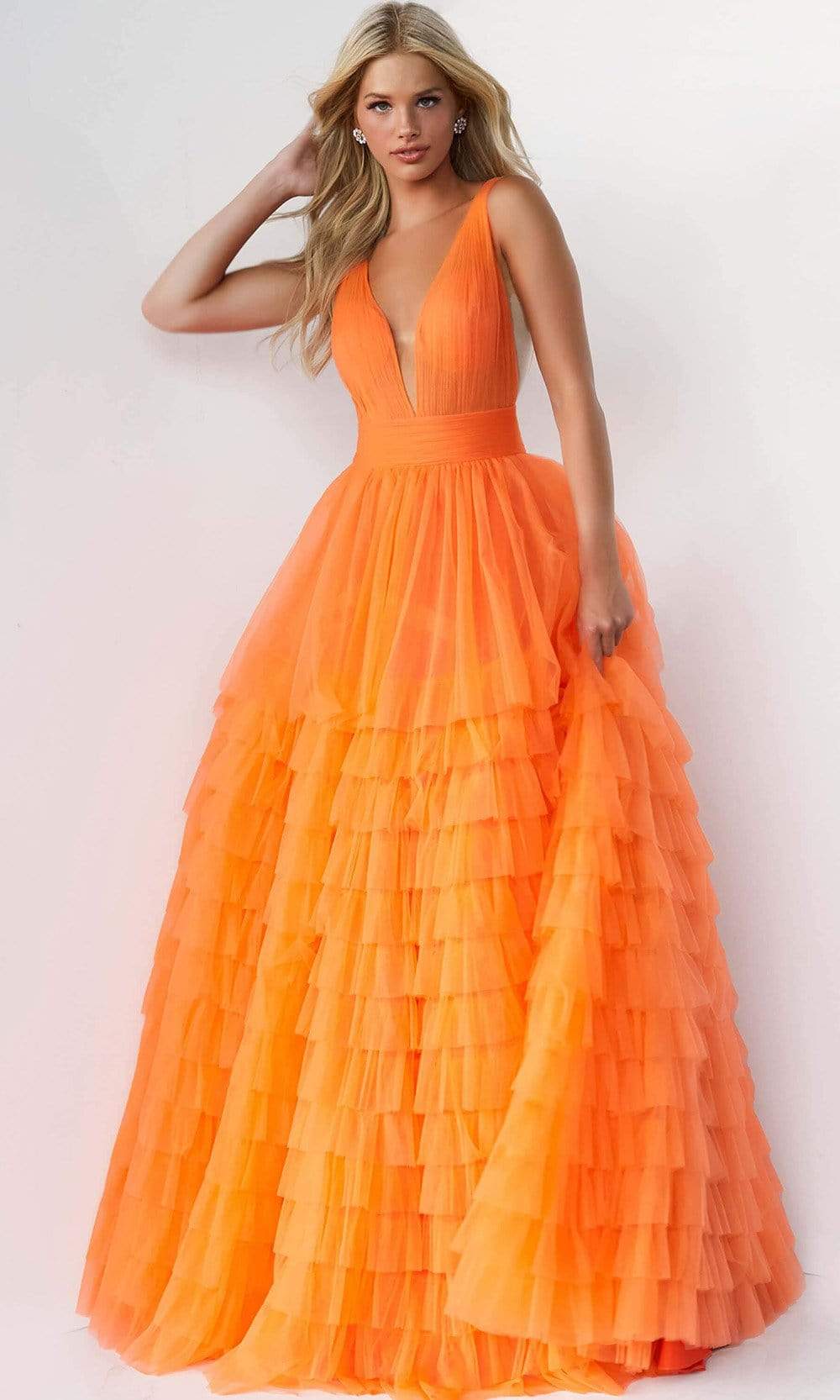 Jovani - 07264 Shirr-Ornate Plus Size Prom Tulle Gown - view 4