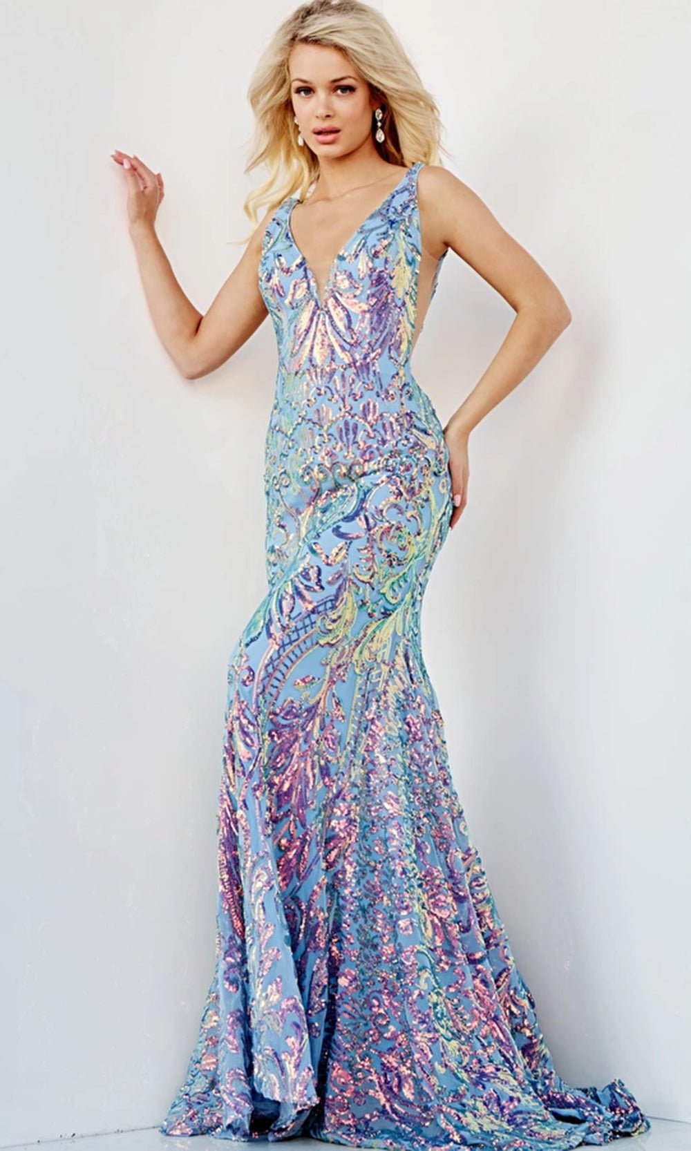 Jovani 08099 - Iridescent V-Neck Evening Gown - view 5