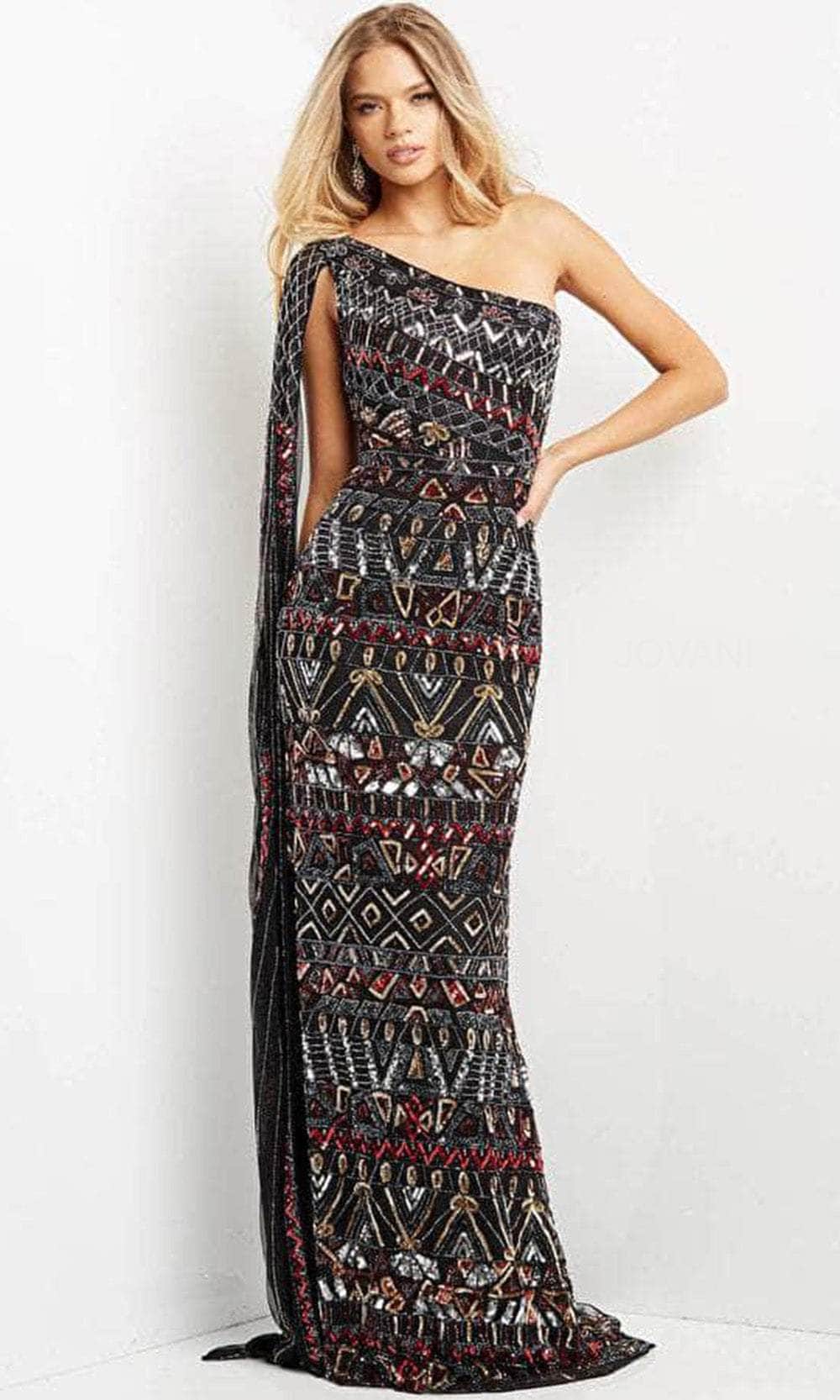 Jovani 08450 - Asymmetric with Shoulder Cape Long Dress - back view