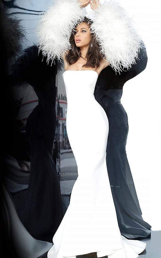 Jovani - 1226 Strapless Trumpet Dress With Feathered Sleeves - detail view