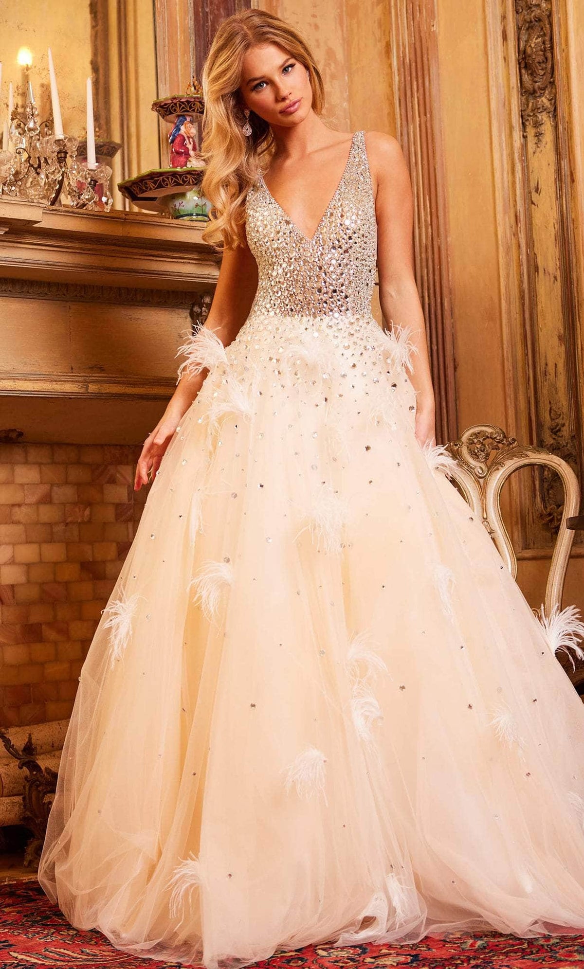 Jovani 24255 - Beaded V-Neck Feather Ballgown - view 4