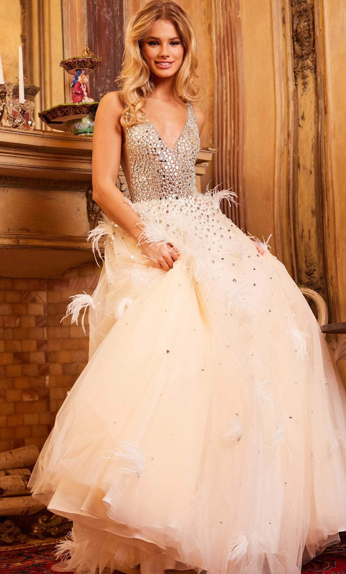 Jovani 24255 - Beaded V-Neck Feather Ballgown - back view