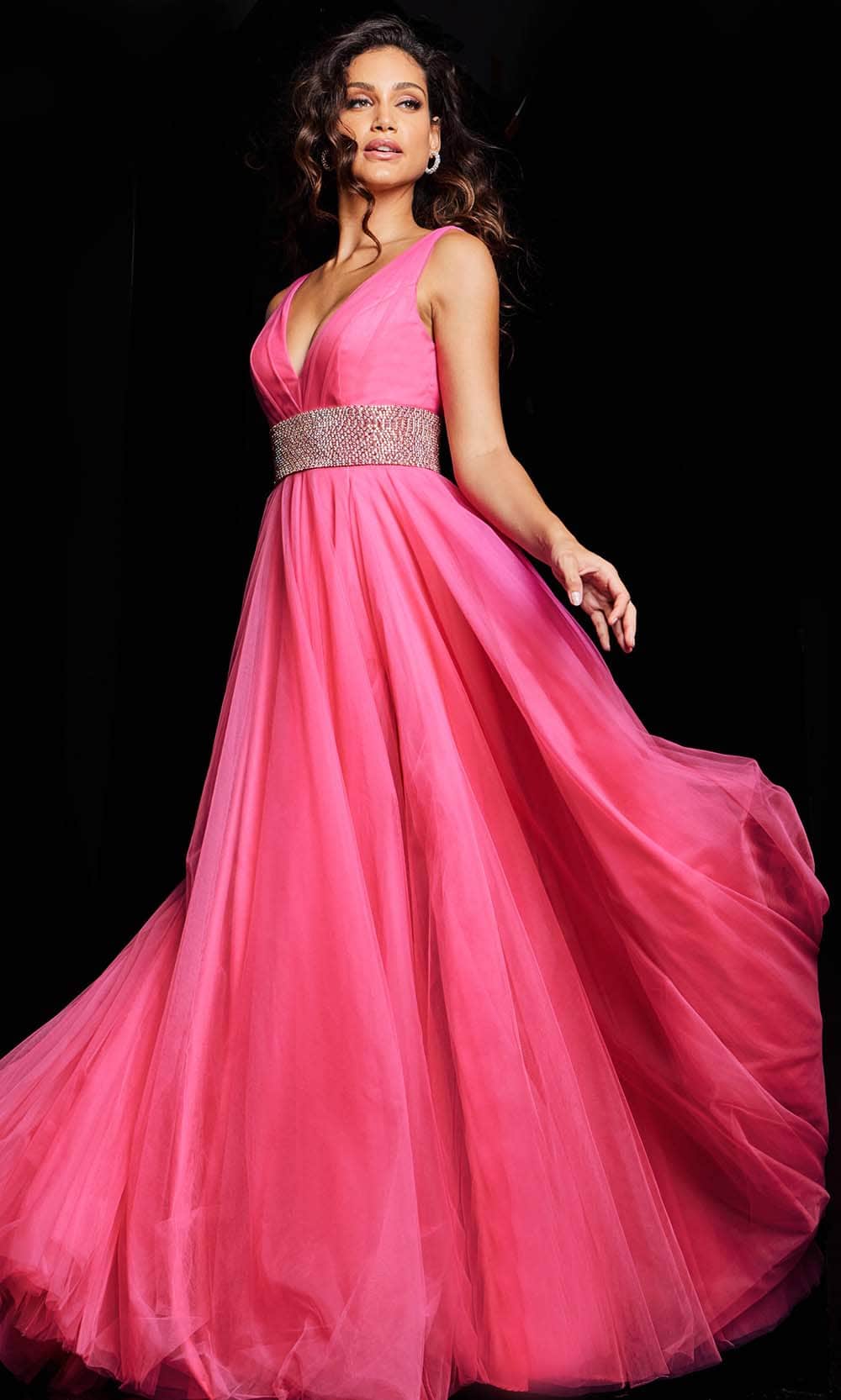 Jovani 24564 - Sleeveless Tulle Prim Dress with Slit - detail view