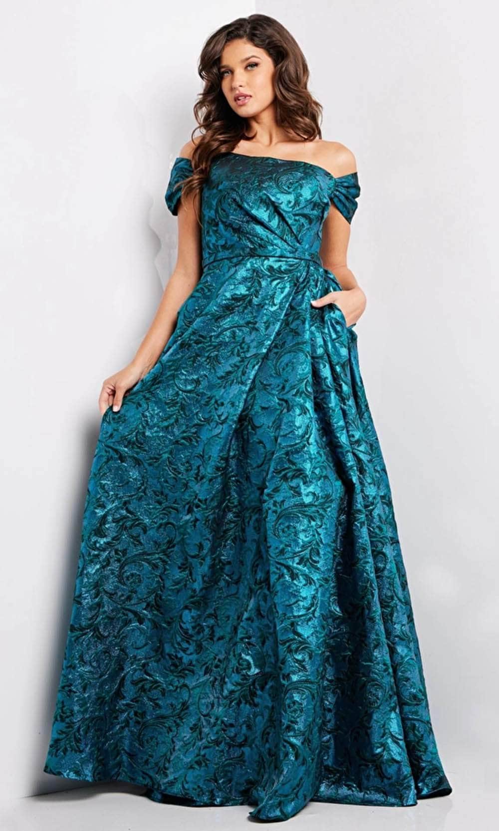 Jovani 25665 - Cap Sleeve Jacquard Evening Gown - designer evening gown at Silhouette Dresses