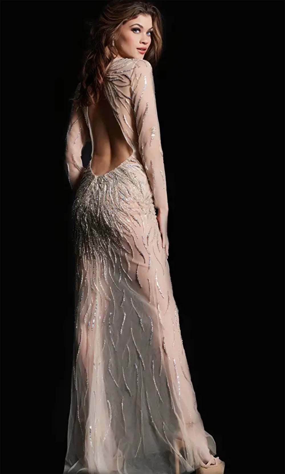Jovani 26275 - Long Sleeve Plunging Neck Evening Dress - back view