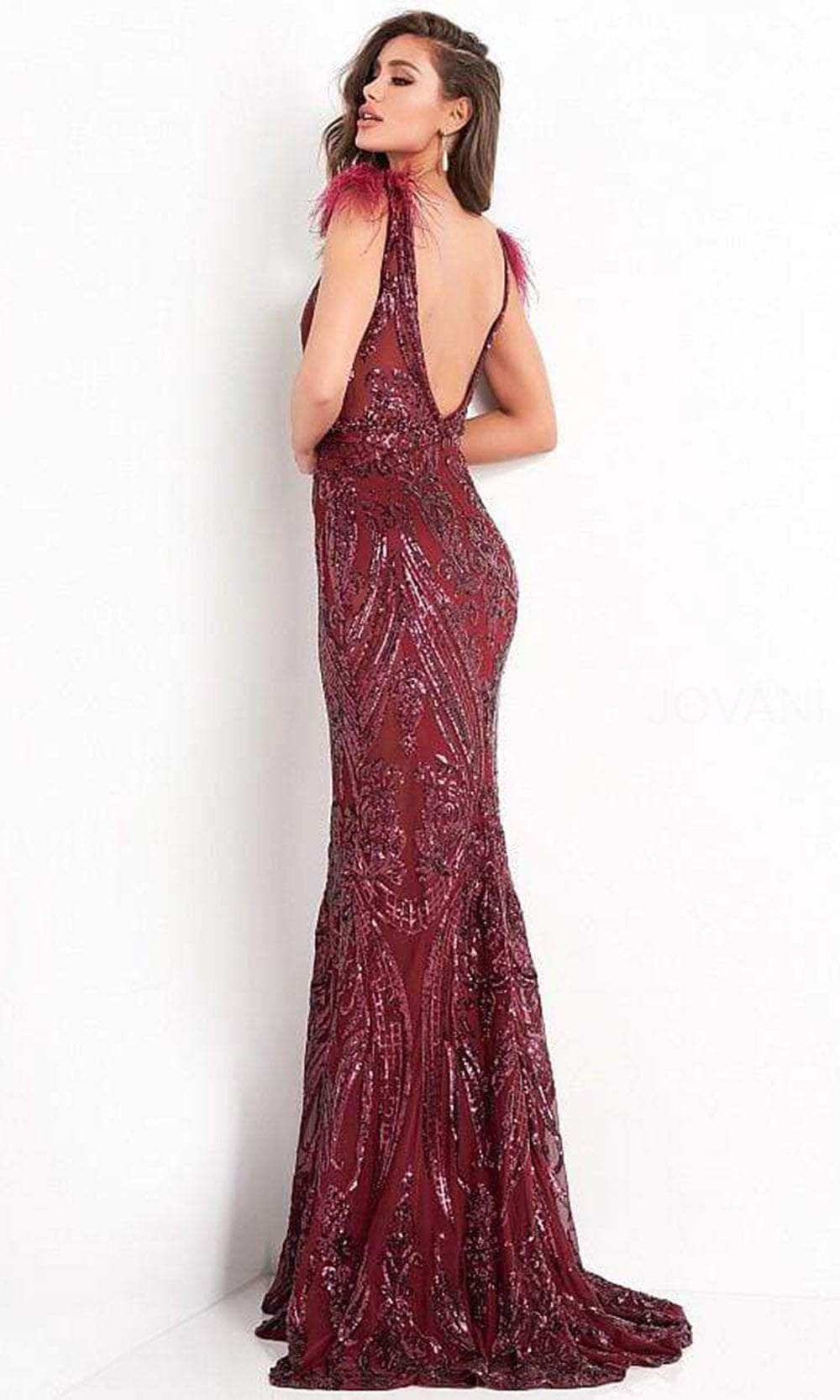 Jovani - 3180 Feathered Cap Sleeve Patterned Sequin Gown - detail view