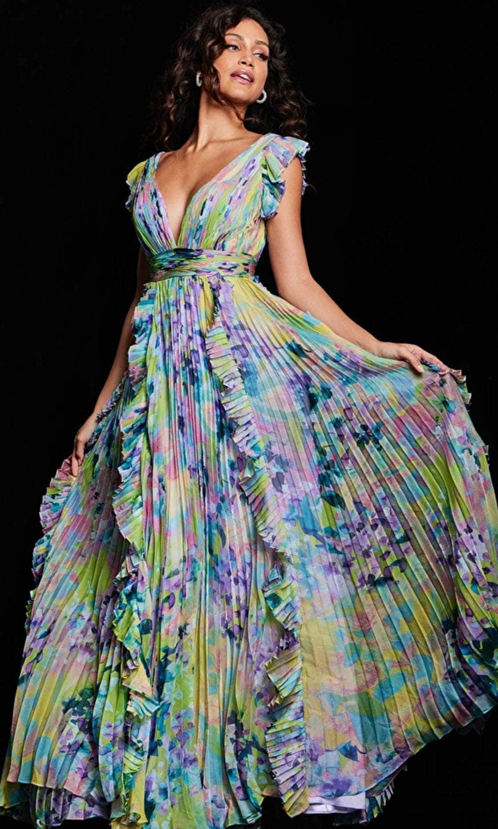 Jovani 34412SC - Flutter Sleeve Floral Evening Dress - designer formal gown at Silhouette Dresses