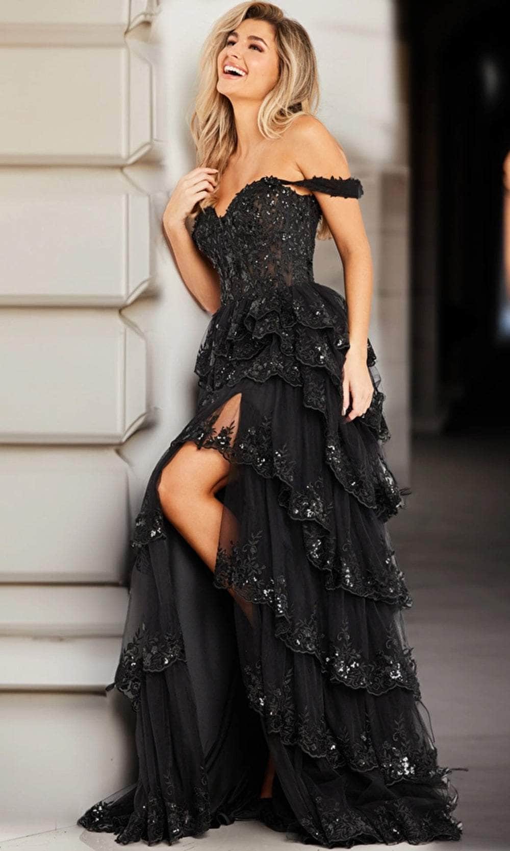 Jovani 36687 - Scalloped A-Line Prom Dress with Slit - back view