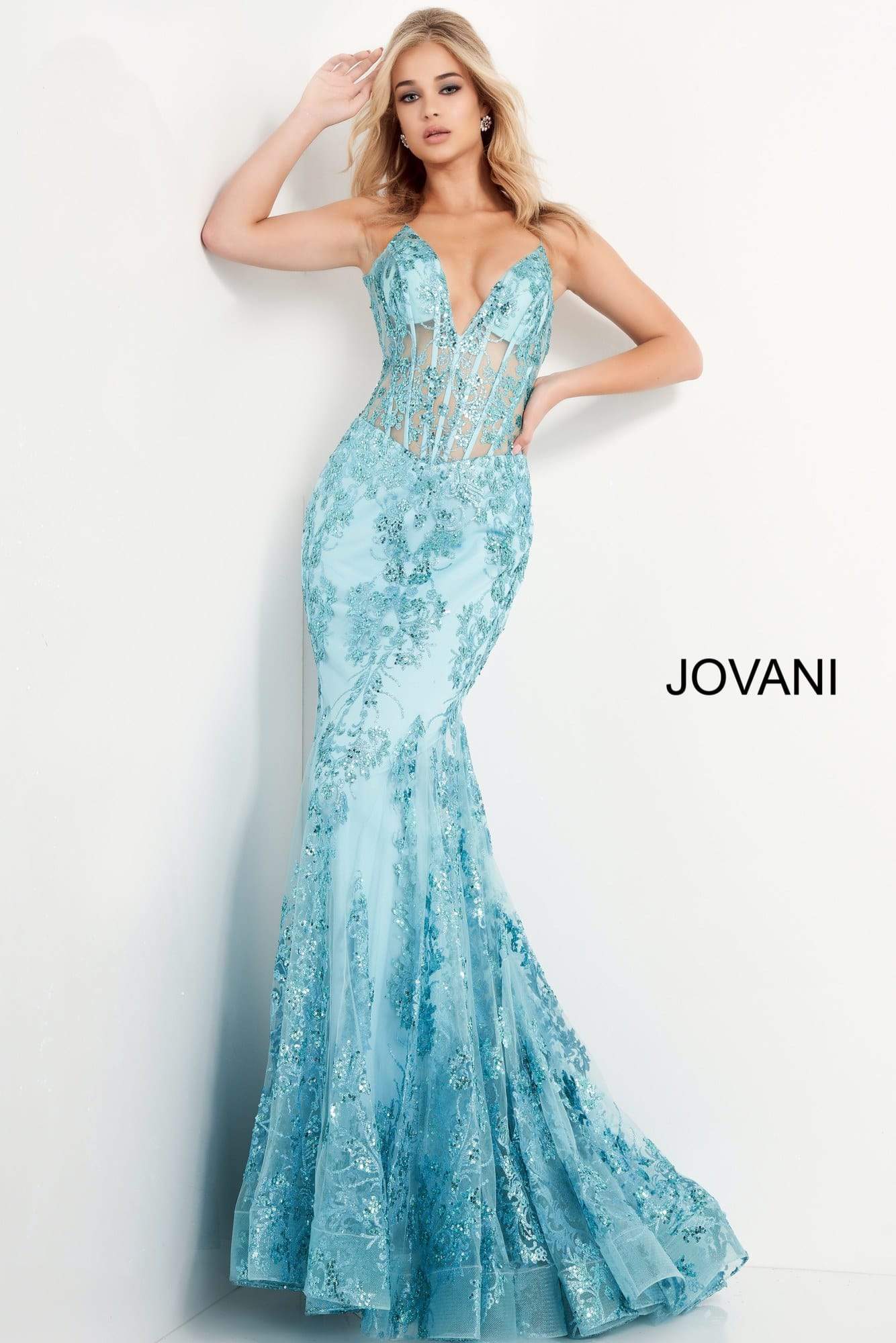 Jovani - 3675 Sequined Illusion Corset Simple Prom Mermaid Gown - view 13