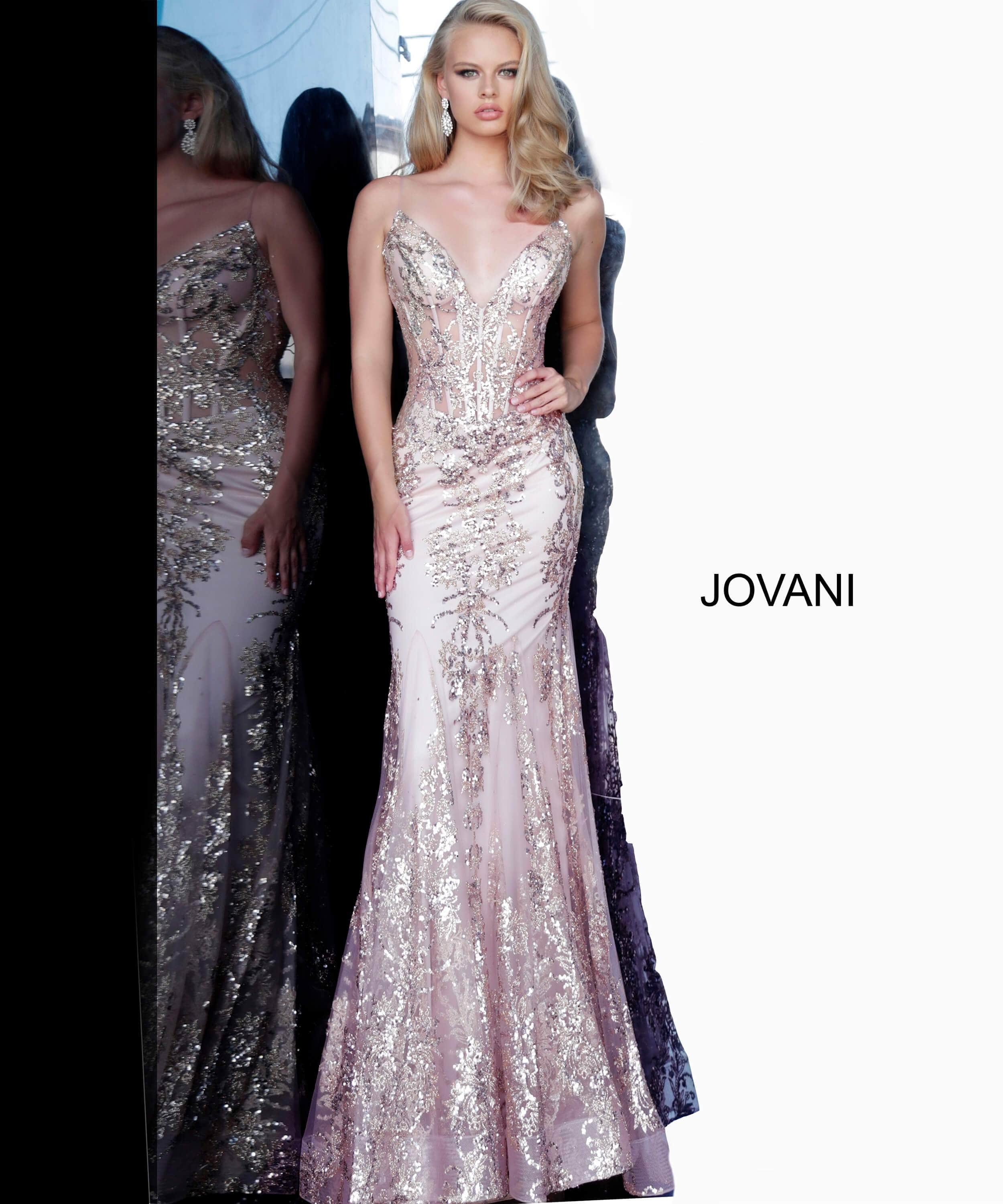 Jovani - 3675 Sequined Illusion Corset Simple Prom Mermaid Gown - view 8