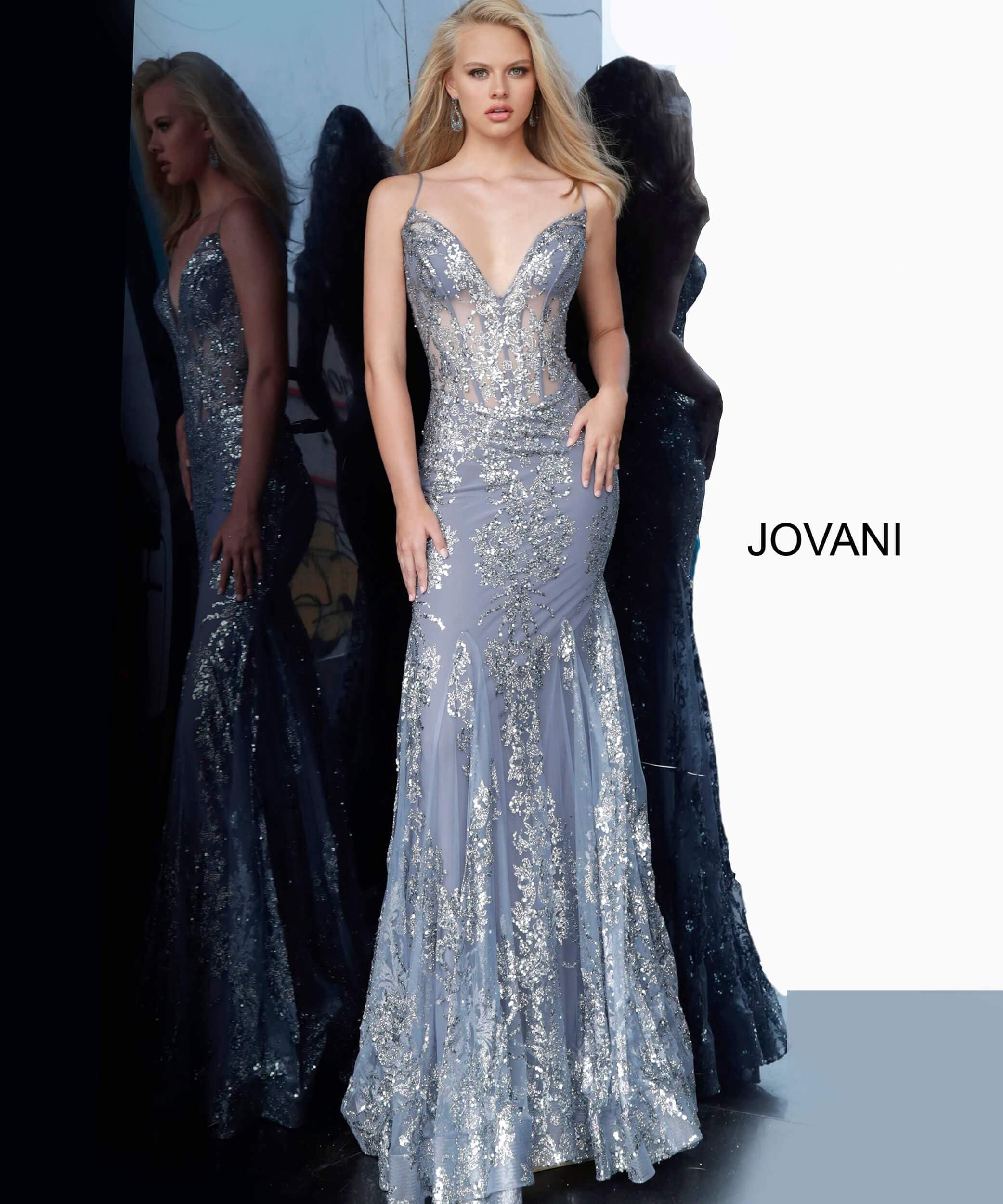 Jovani - 3675 Sequined Illusion Corset Simple Prom Mermaid Gown - view 11